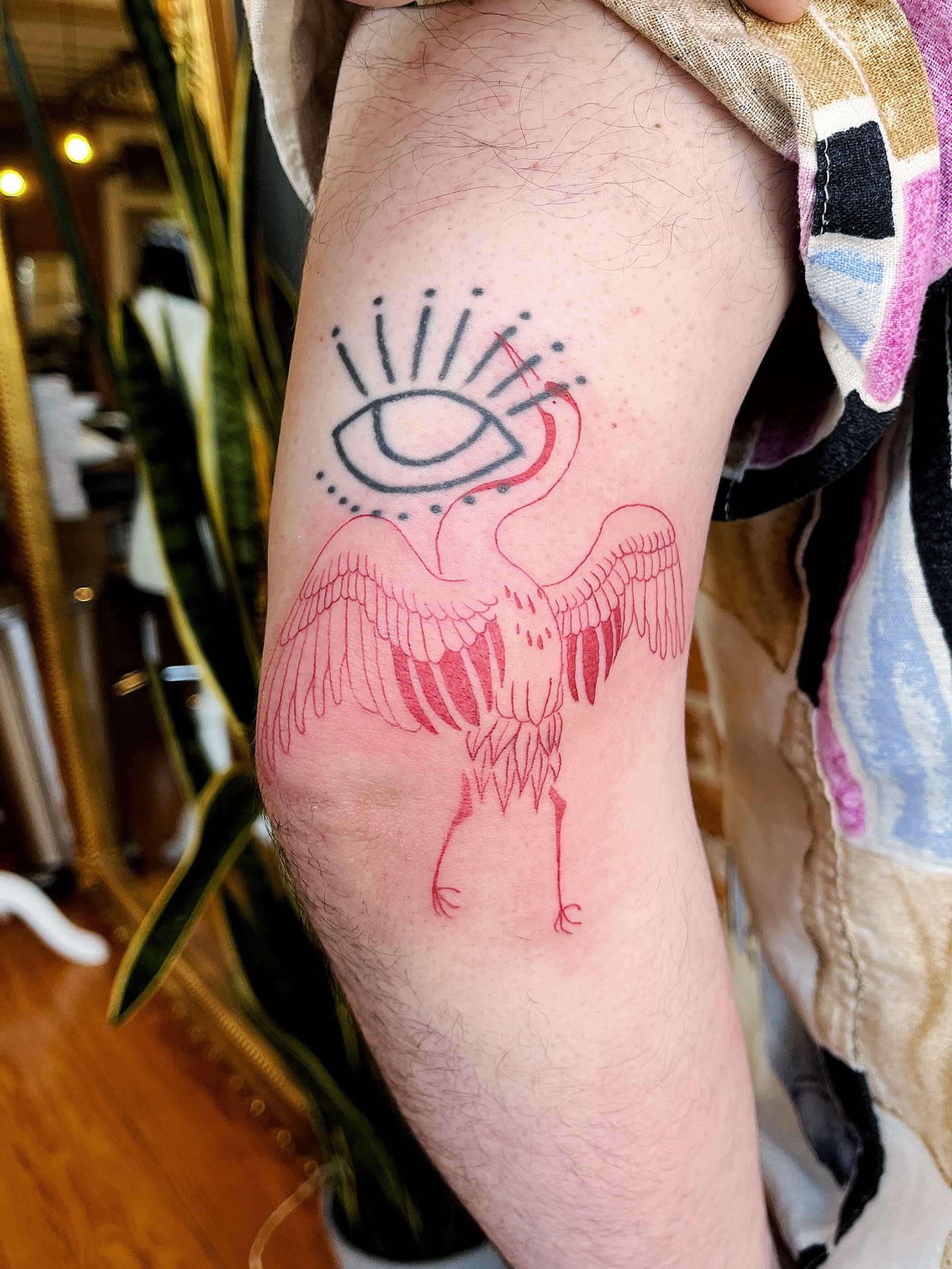 Flamingo with eye geometric tattoo on the forearm by Risa Cincinnati Tattoo Artist