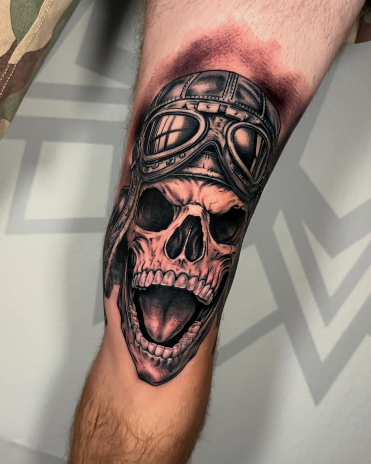 Skull with aviator helmet realism tattoo on the forearm by Las Vegas Tattoo Artist, Las Vegas, Nevada