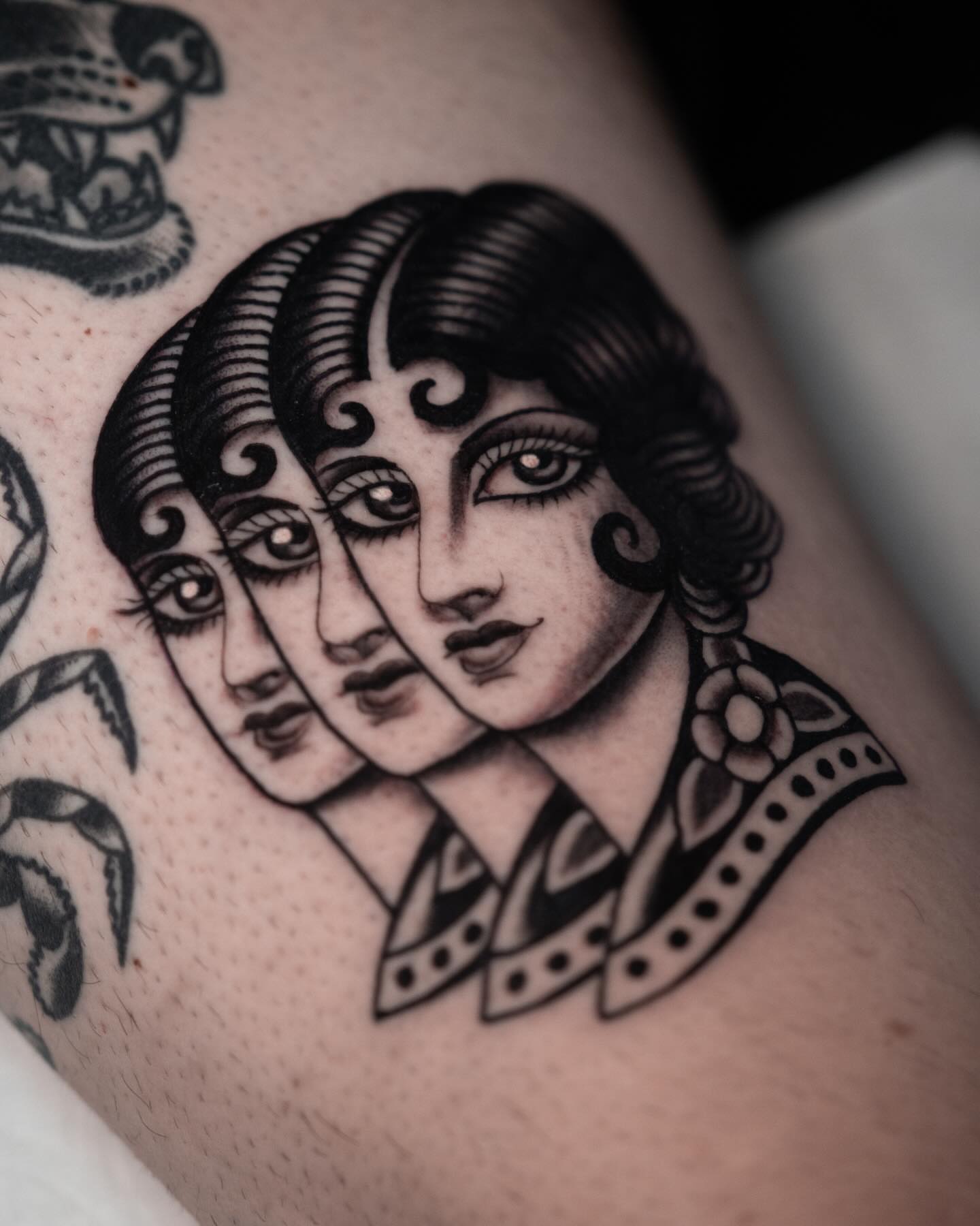 Woman's face black and grey tattoo on the forearm by Danny Derrick, San Luis Obispo, California