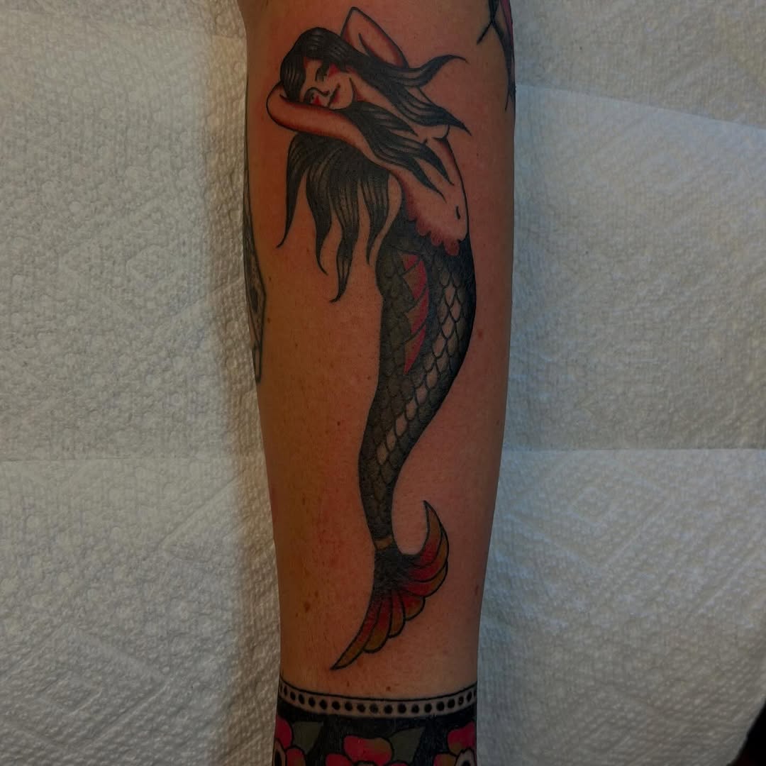 Mermaid neo-traditional tattoo on the forearm by @ryleecoyote, New York, New York