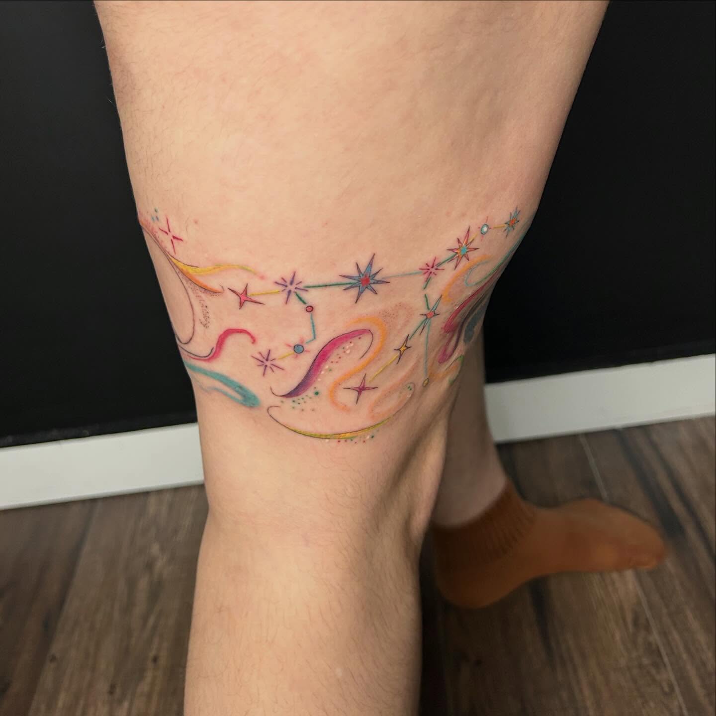 Abstract stars and swirls dotwork tattoo on the calf by Elizabeth (Lib), Murfreesboro, Tennessee