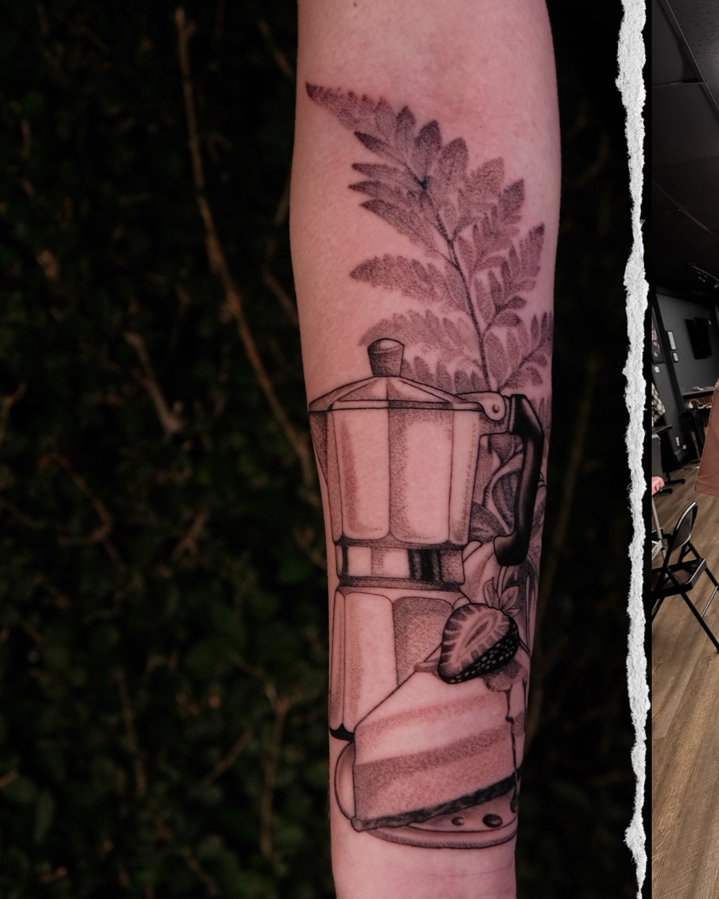 Coffee pot and fern dotwork tattoo on the forearm by JoeyJazz