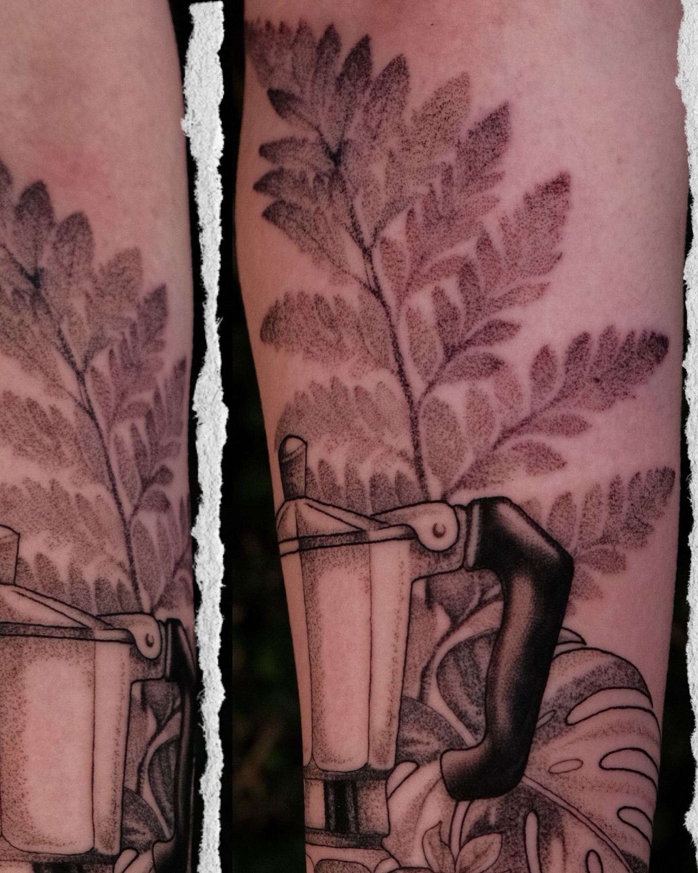 Coffee grinder and plant dotwork tattoo on the forearm by JoeyJazz