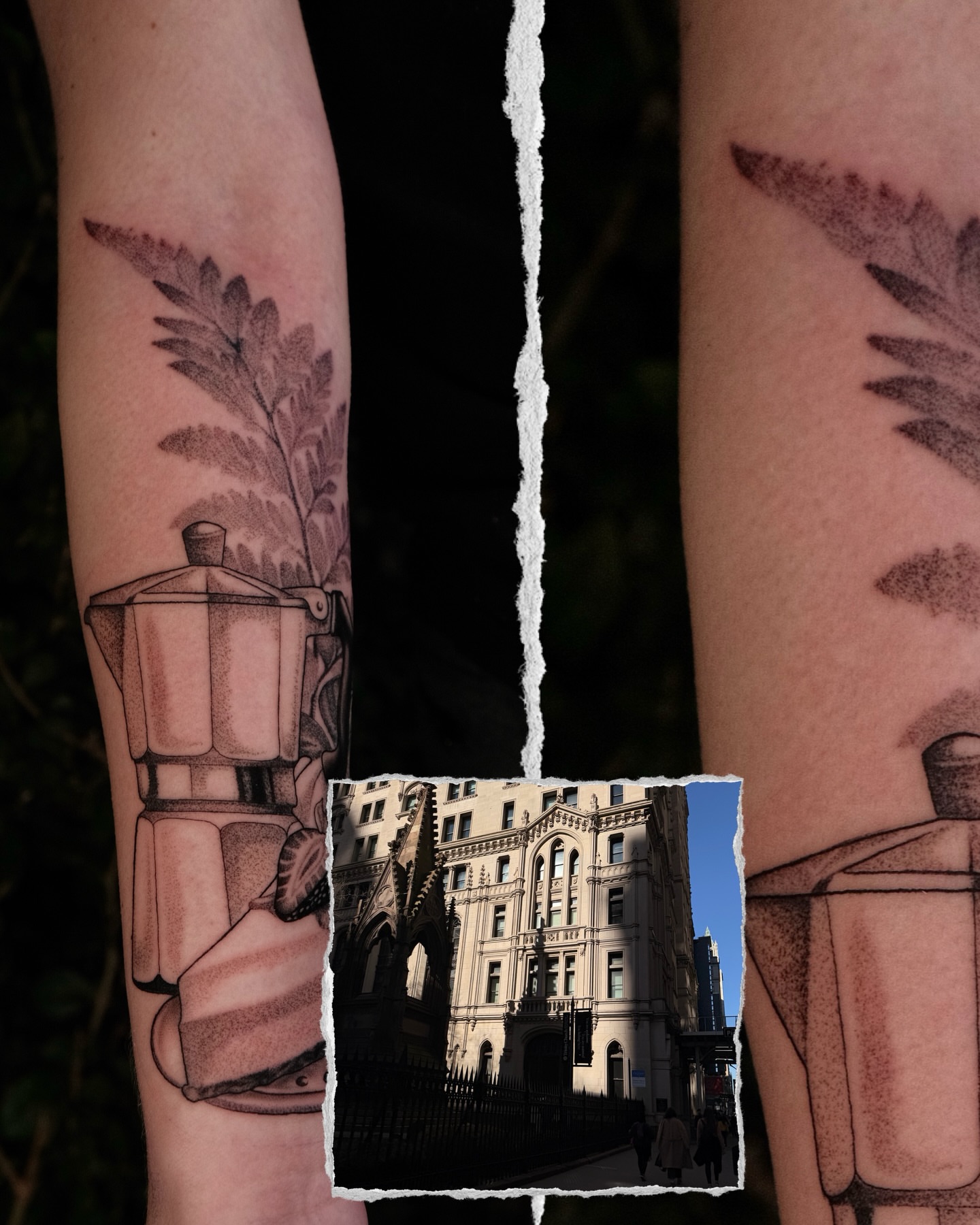 Coffee pot and fern black and grey tattoo on the forearm by JoeyJazz