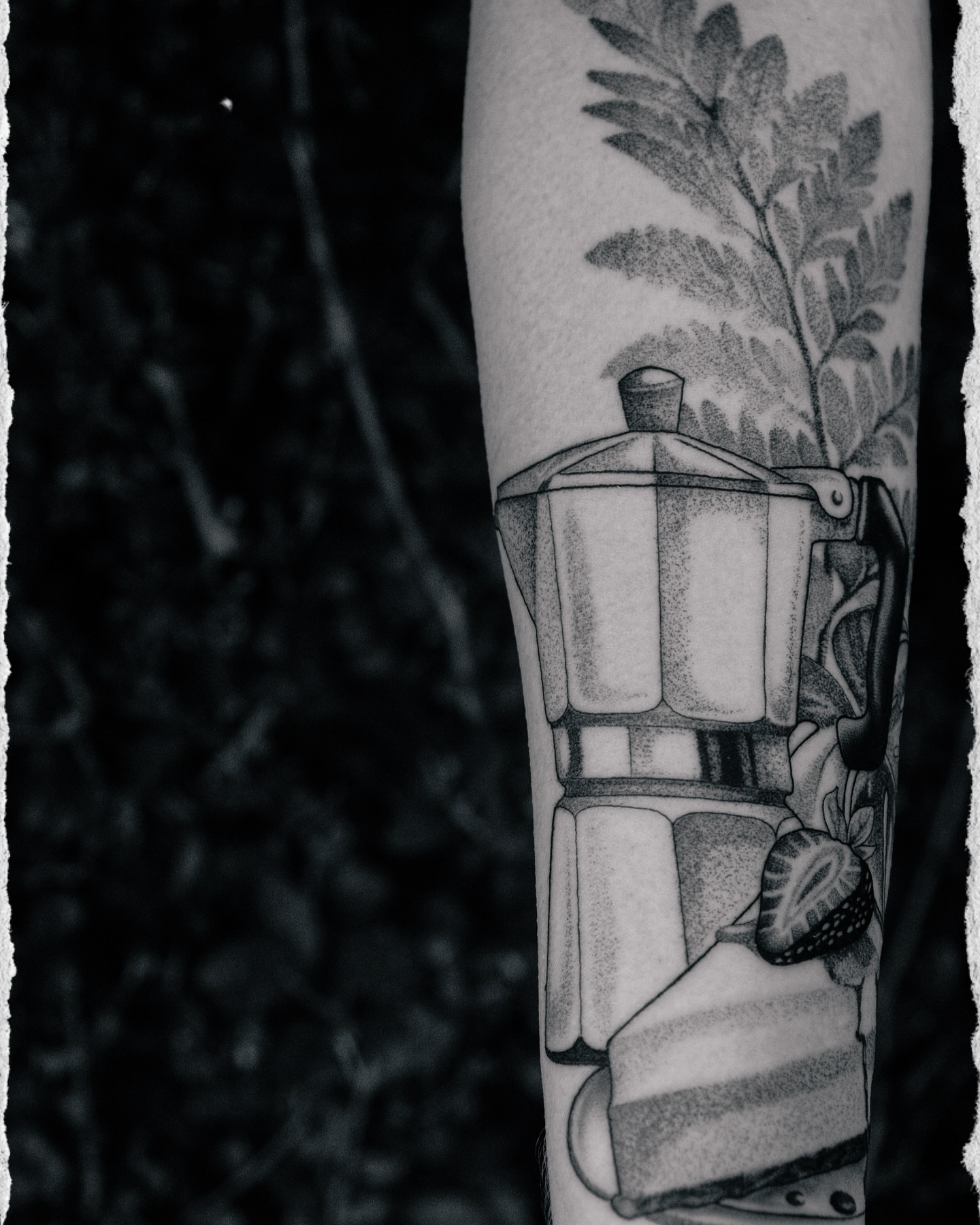 Coffee pot and cake black and grey tattoo on the forearm by JoeyJazz