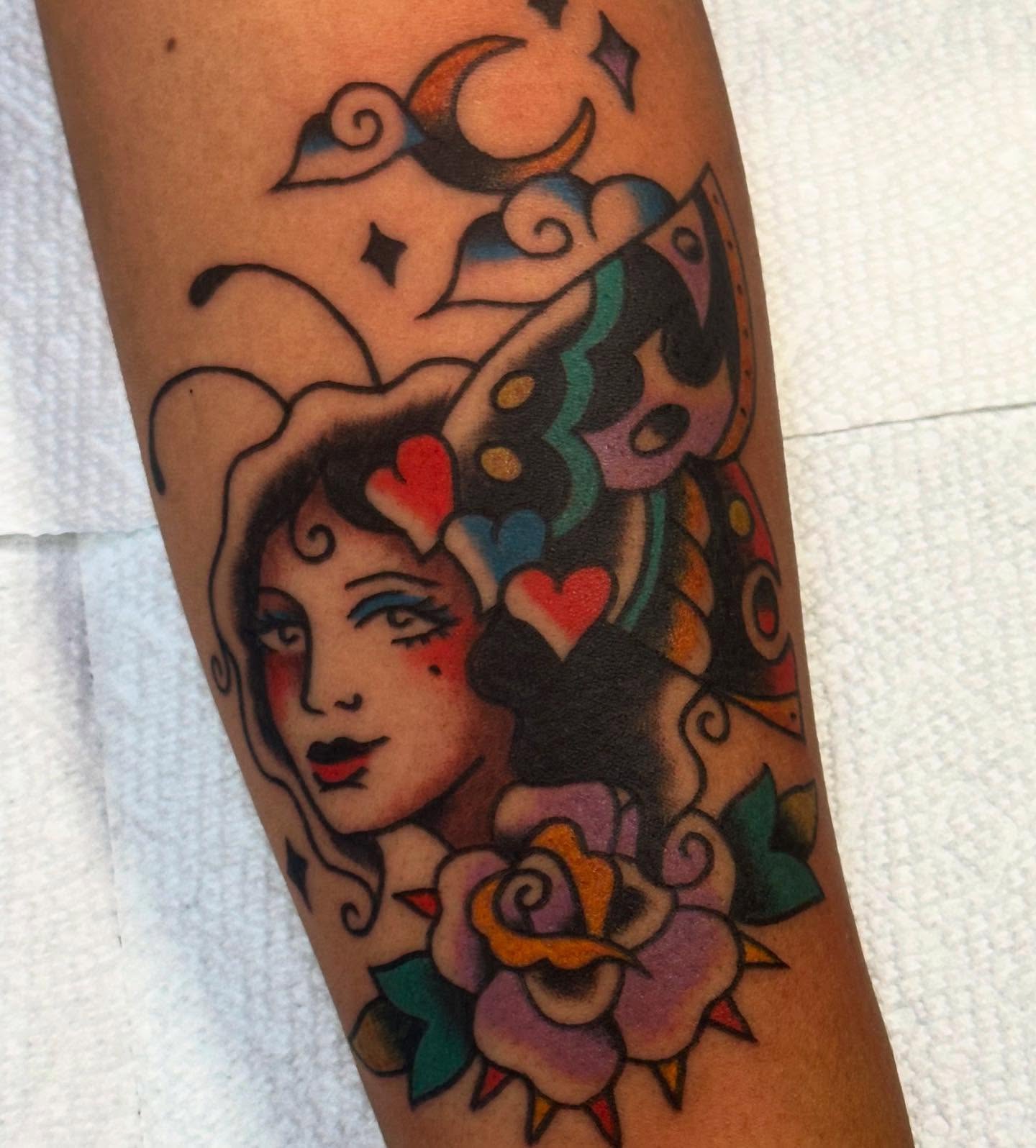 Woman with hearts American traditional tattoo on the forearm by ࿊ Emma Sloan Tattoos ࿊, Austin, Texas