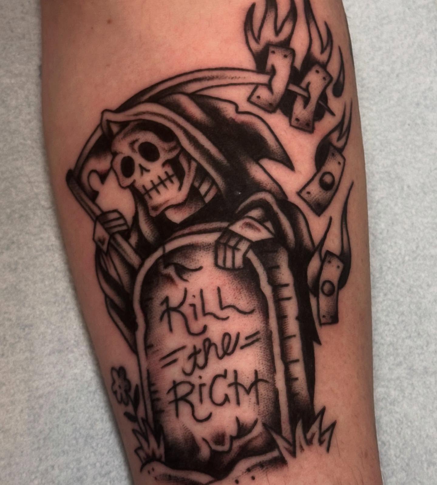 Reaper with tombstone American traditional tattoo on the forearm by ࿊ Emma Sloan Tattoos ࿊, Austin, Texas