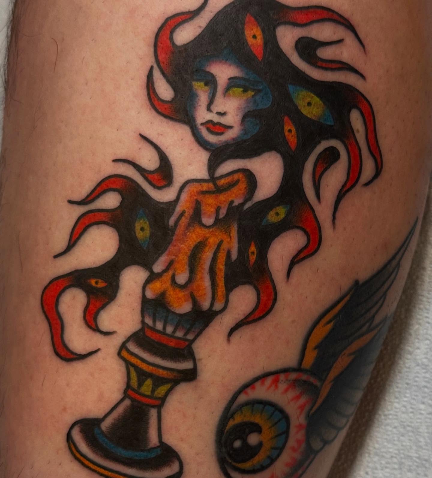 Woman with horns American traditional tattoo on the forearm by ࿊ Emma Sloan Tattoos ࿊, Austin, Texas