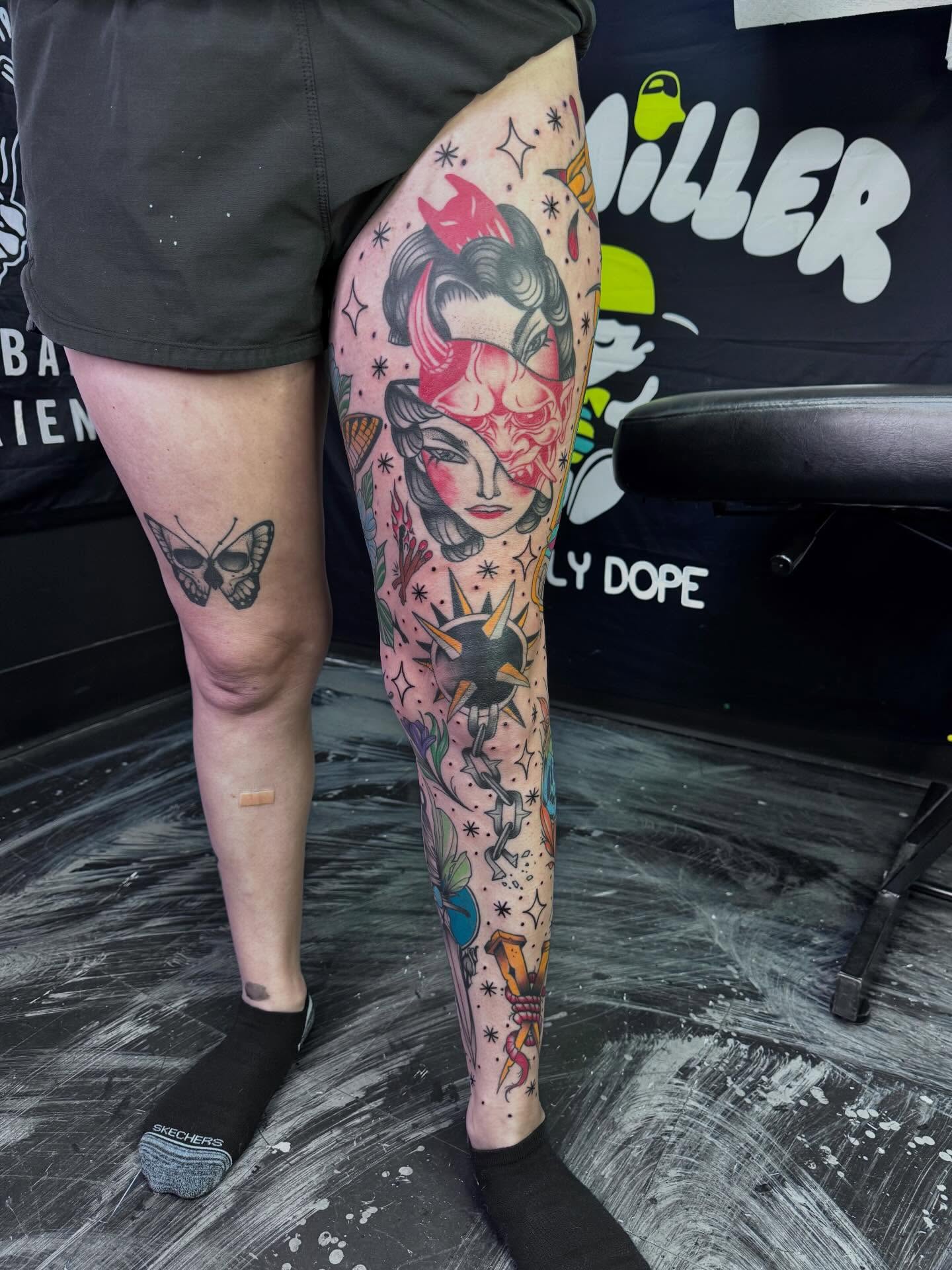 Geisha portrait American traditional tattoo on the leg by Colby McClain