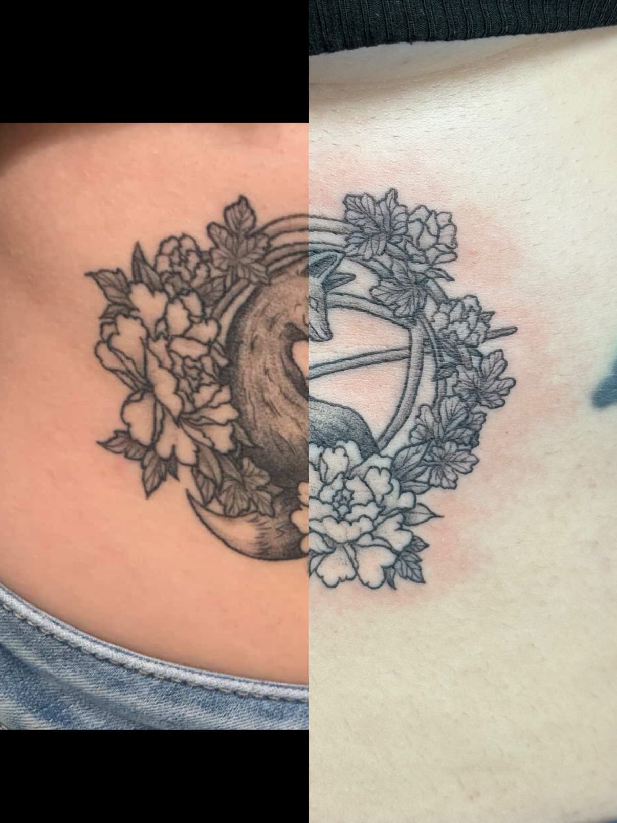 Fox and floral wreath black and grey tattoo on the ribs by Camryn Justice