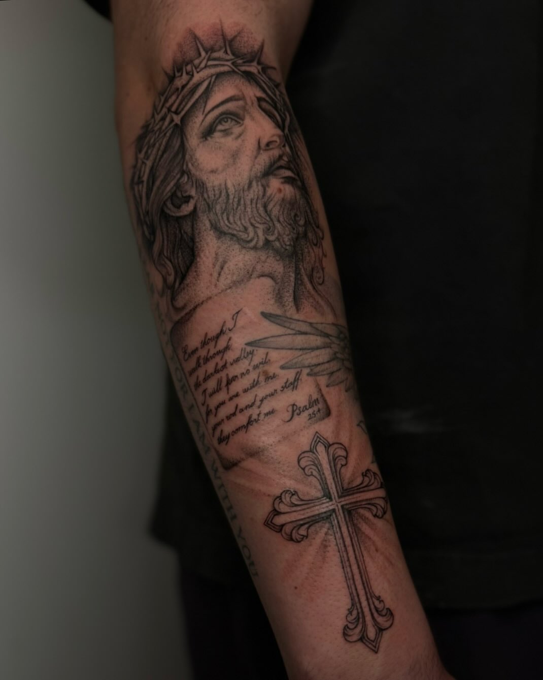 Jesus Christ realism tattoo on the forearm by Carson Mccullers ✨