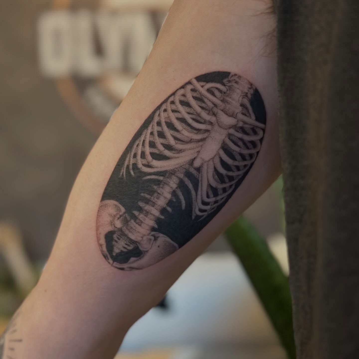 Skeleton ribcage realism tattoo on the forearm by sara scak, Lakewood, Ohio