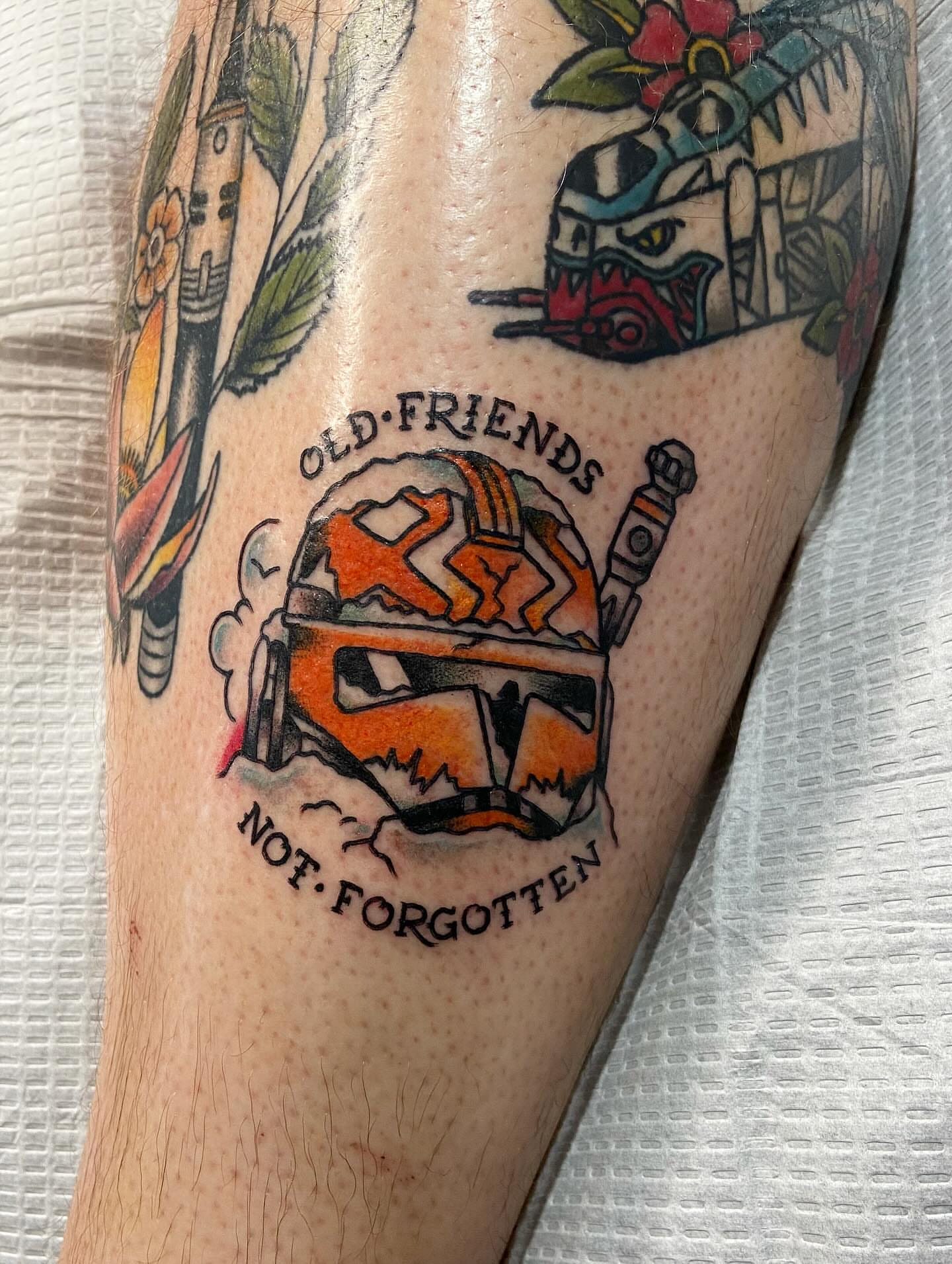 Stormtrooper helmet American traditional tattoo on the forearm by Tattoos by Dale Hupke, Lebanon, Ohio