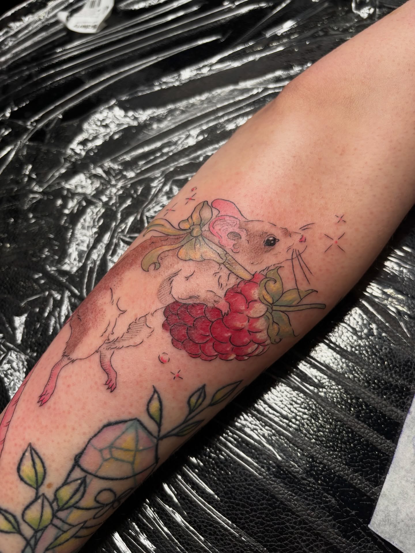 Mouse and raspberry watercolor tattoo on the forearm by 𝓕𝓮𝓻𝓷 𝓑𝓻𝓾𝓶𝓶𝓮𝓽𝓽