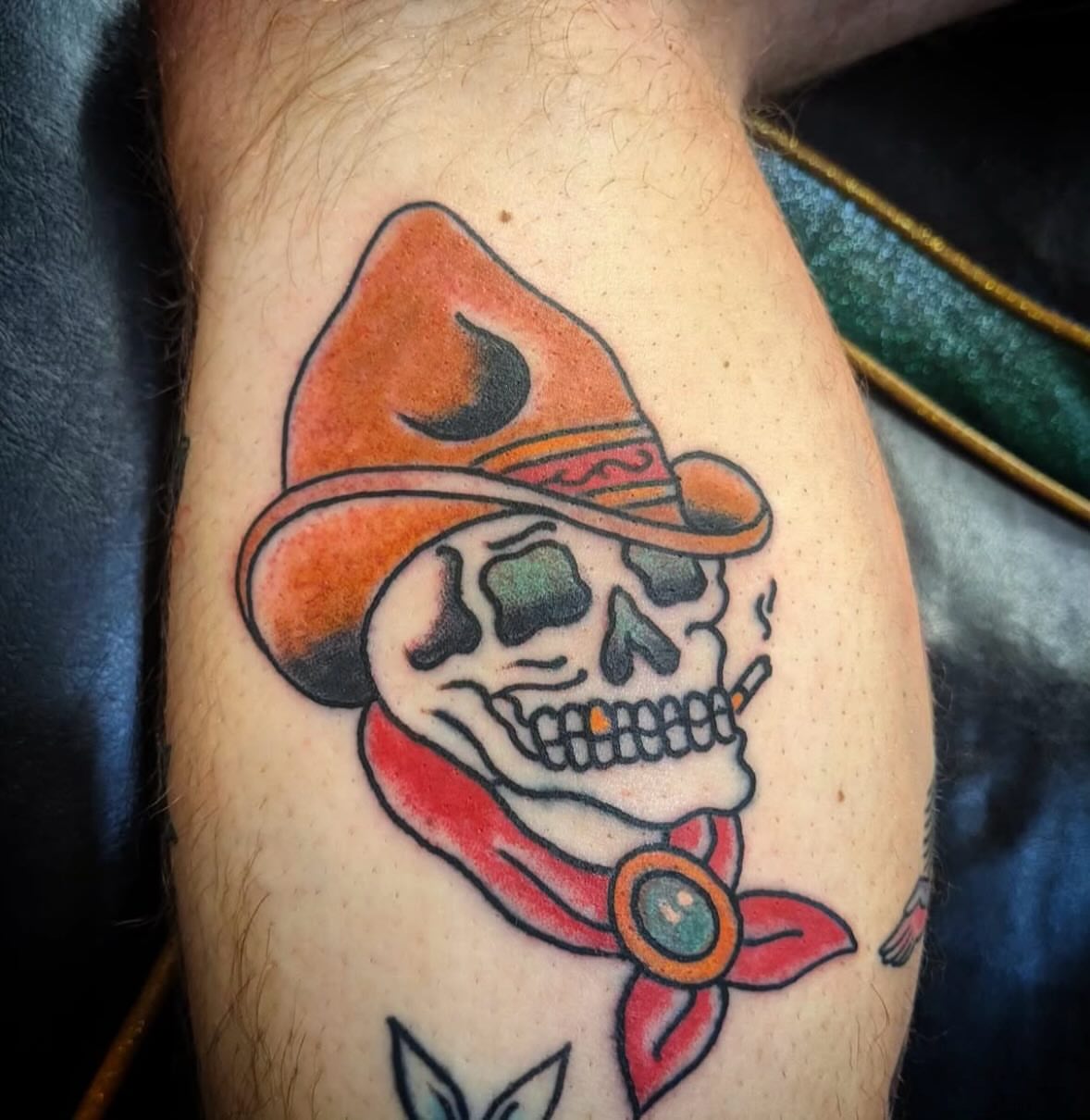 Skull wearing sombrero American traditional tattoo on the forearm by Columbus tattoo artist