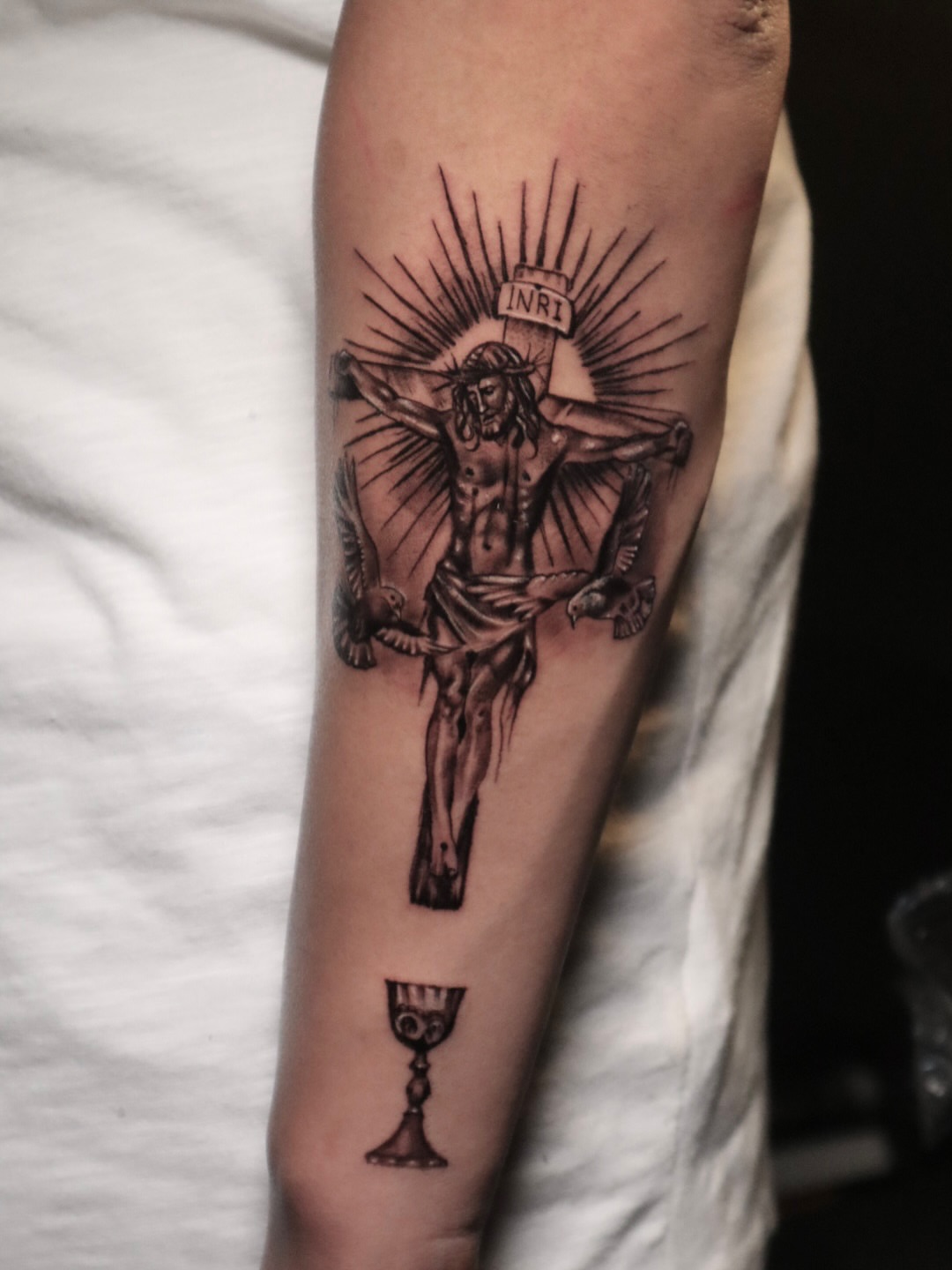 Crucifixion scene realism tattoo on the forearm by Mr Letters🗡️