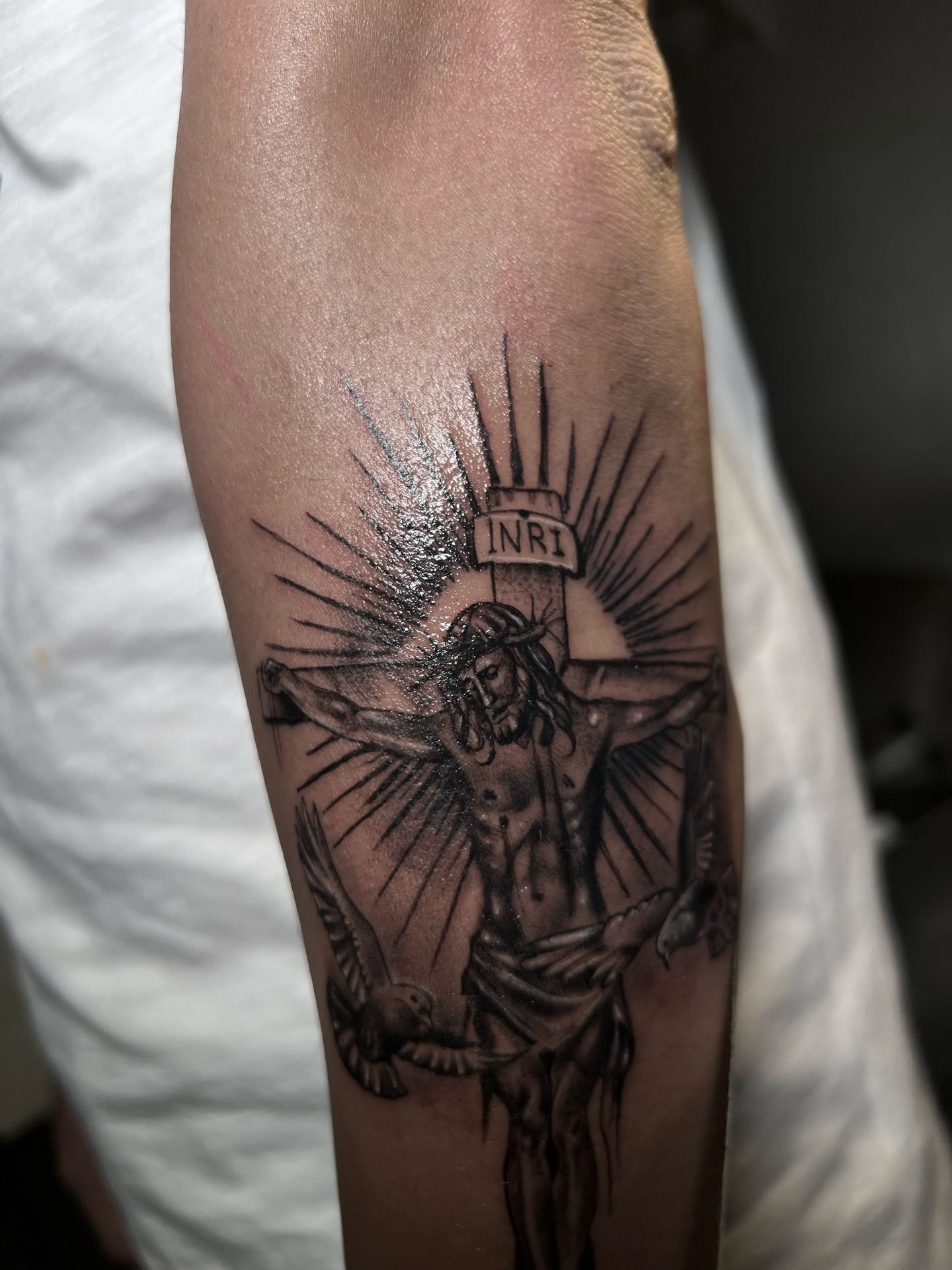 Crucifixion scene realism tattoo on the forearm by Mr Letters🗡️