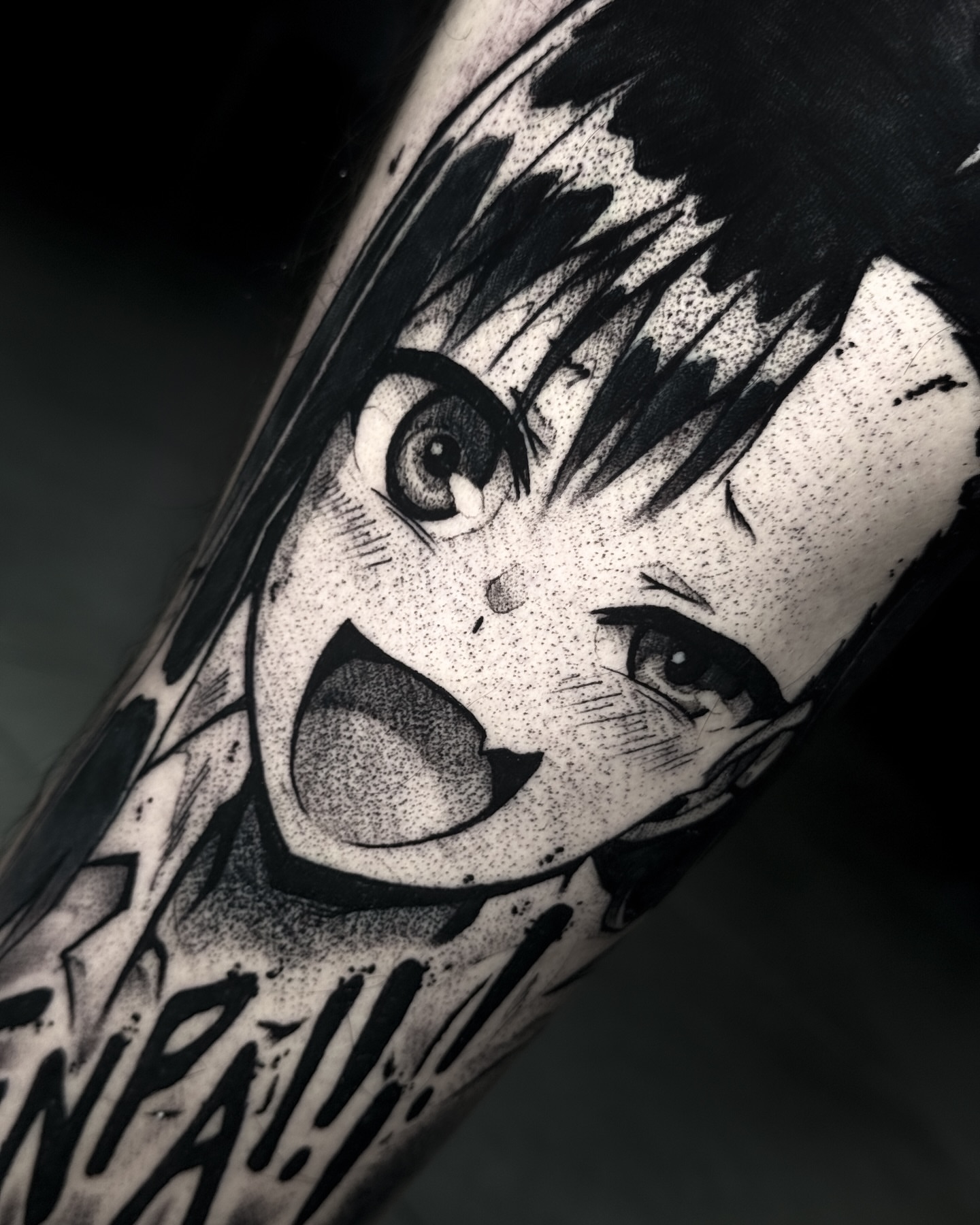 Anime character dotwork tattoo on the forearm by Anime