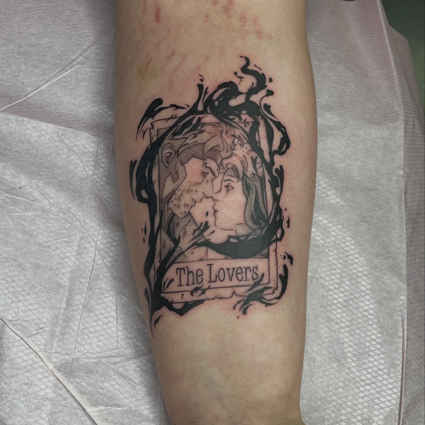 The Lovers black and grey tattoo on the forearm by Mia 	\(★ω★)