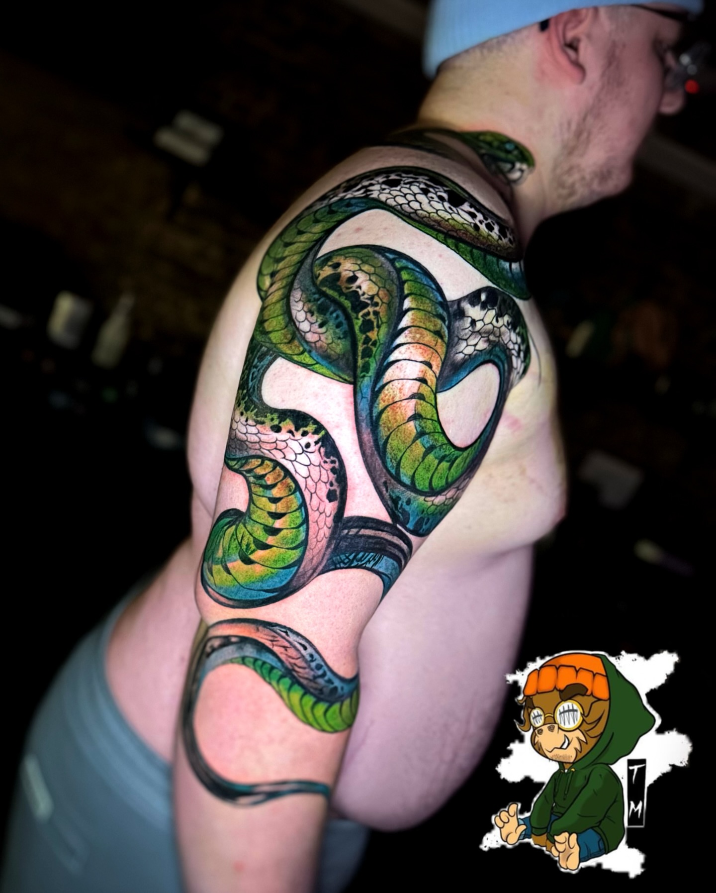 Snake new school tattoo on the shoulder by Davone Joyner, Richmond, Virginia