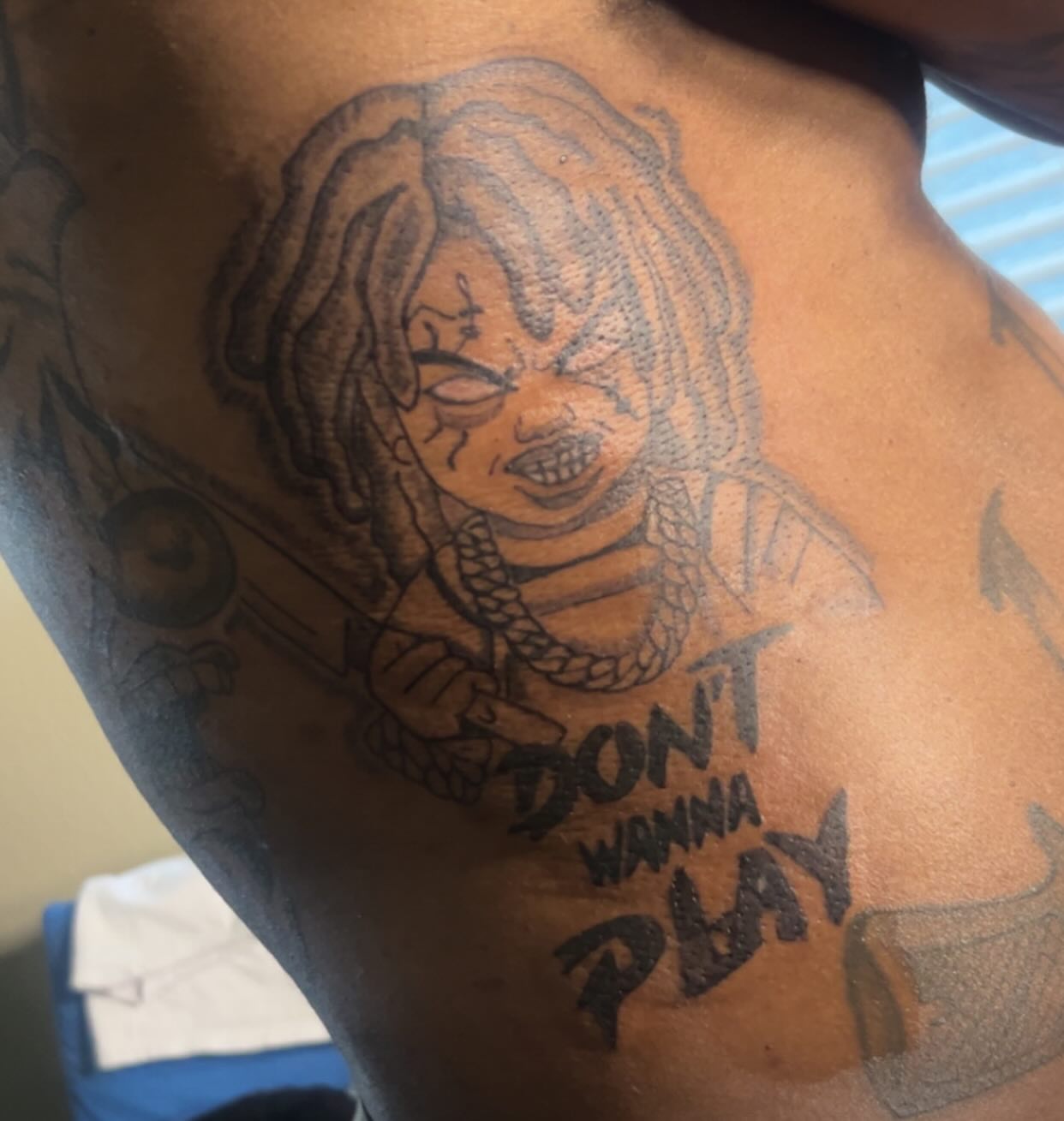 Gangster character black and grey tattoo on the thigh by Sarah Sharee💃🏽