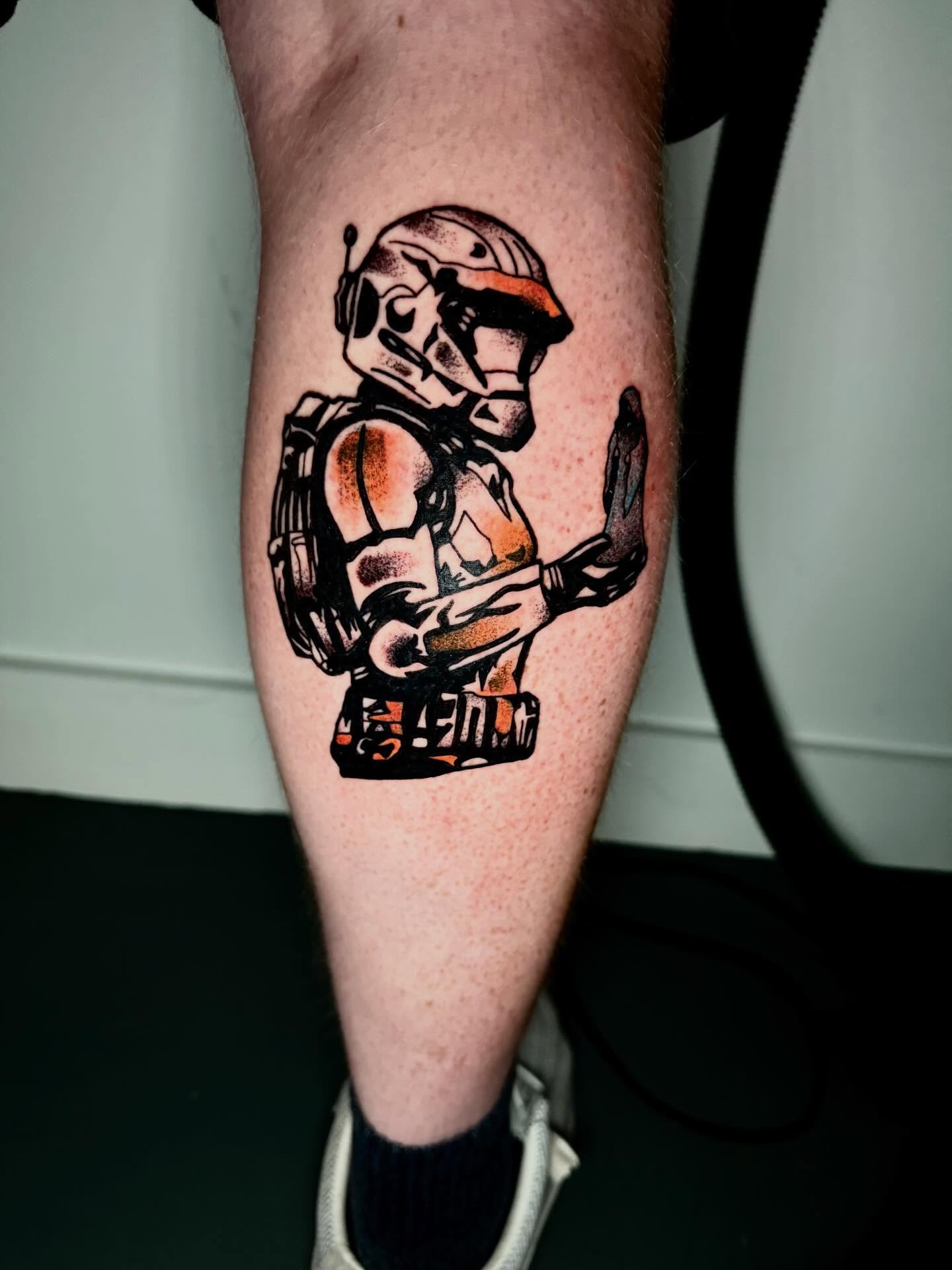 Stormtrooper black and grey tattoo on the forearm by Mason McCubbin