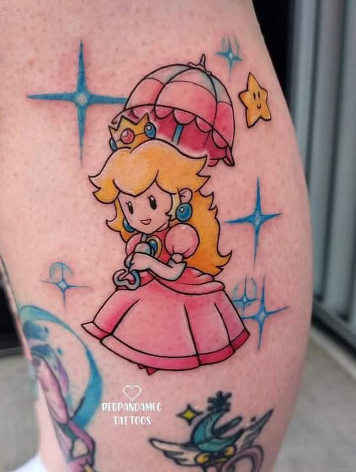 Princess Peach anime tattoo on the thigh by Meghan Hounsell