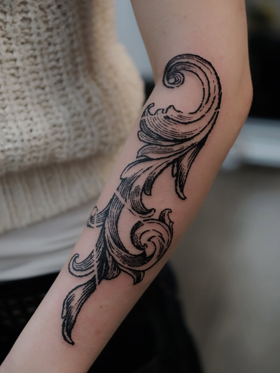 Tattoo by @florawoodcut — blackwork, ornamental