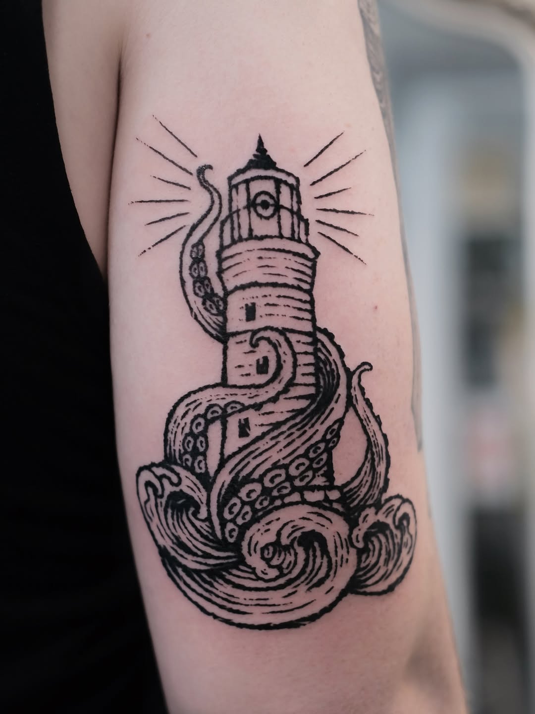 Tattoo by @florawoodcut — illustrative, blackwork