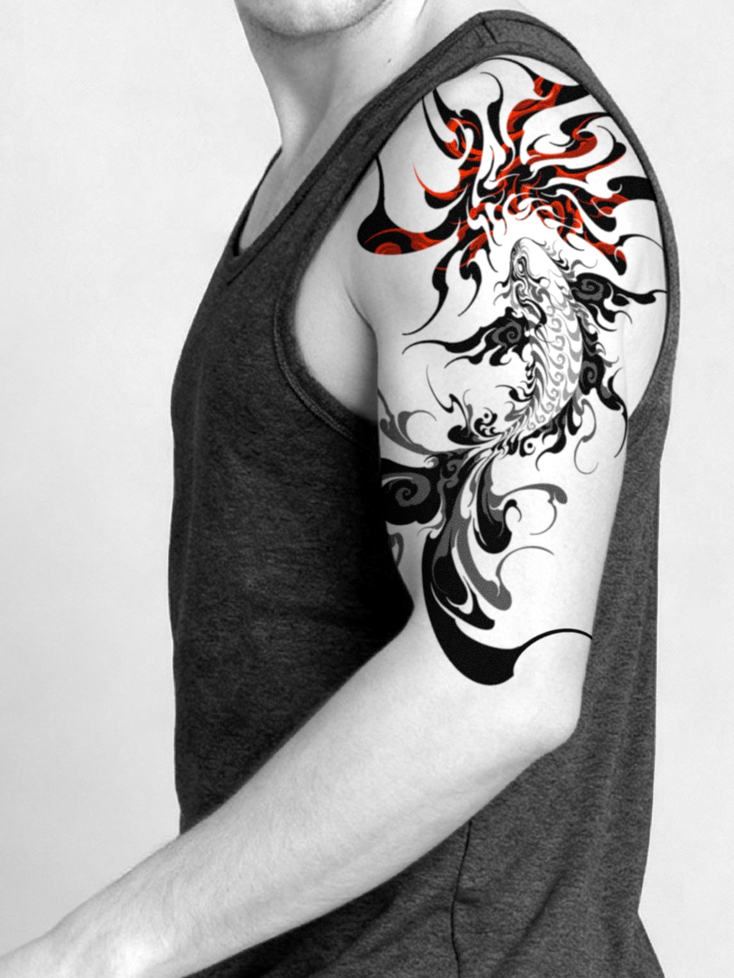 Koi fish tribal tattoo on the upper arm by ๐
๐๐๐