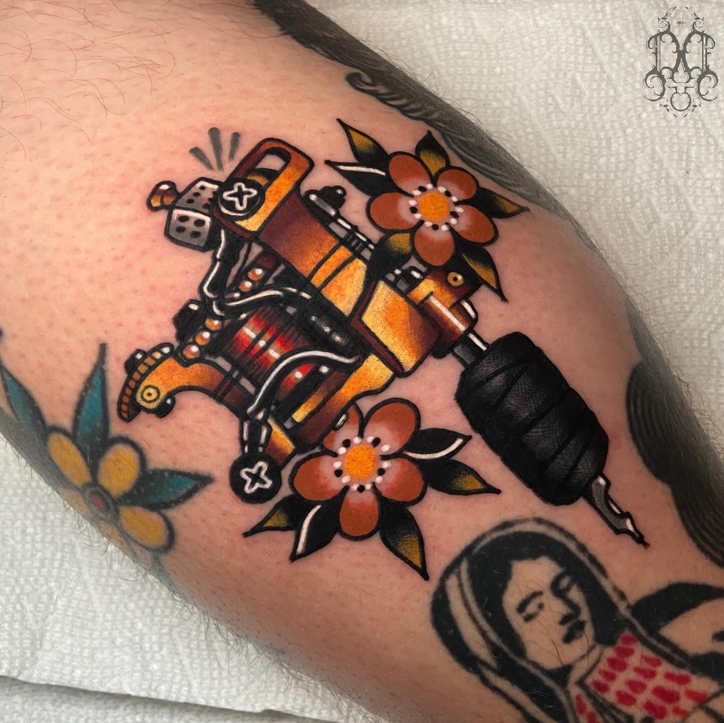 Mechanical device with flowers American traditional tattoo on the forearm by Destroy Troy