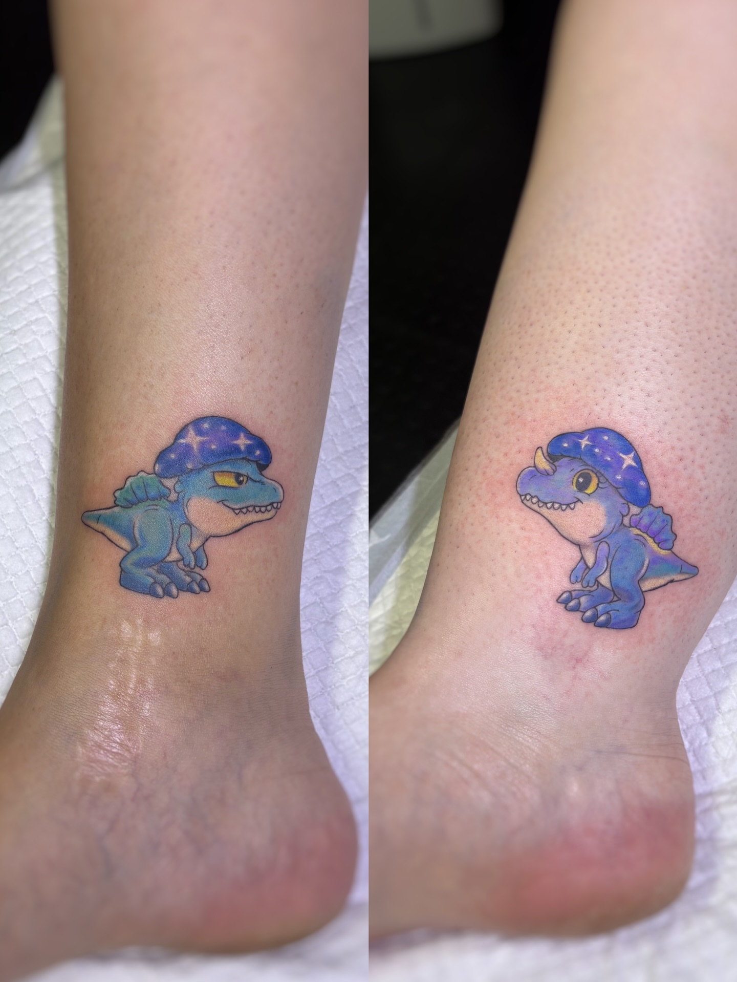 Dinosaur wearing hat dotwork tattoo on the foot by Art by Aimee