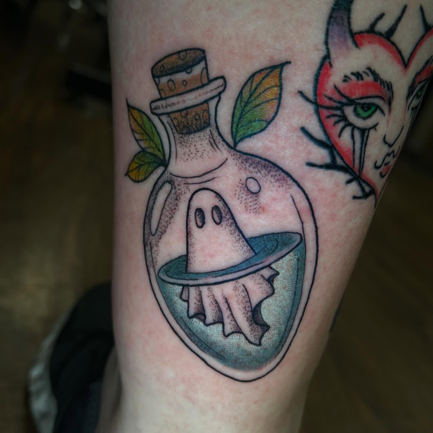 Ghost in bottle dotwork tattoo on the forearm by 𝕸𝖞𝖆