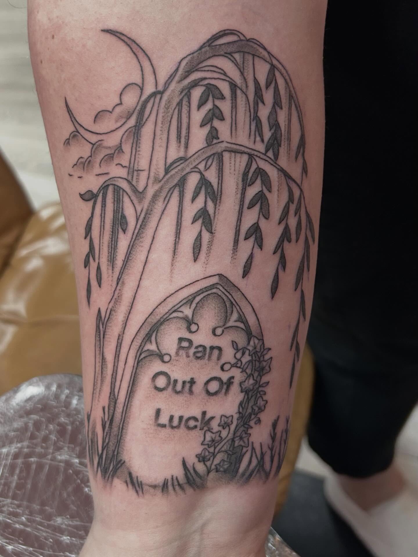 Weeping willow tree black and grey tattoo on the forearm by Red✨, Gansevoort, New York
