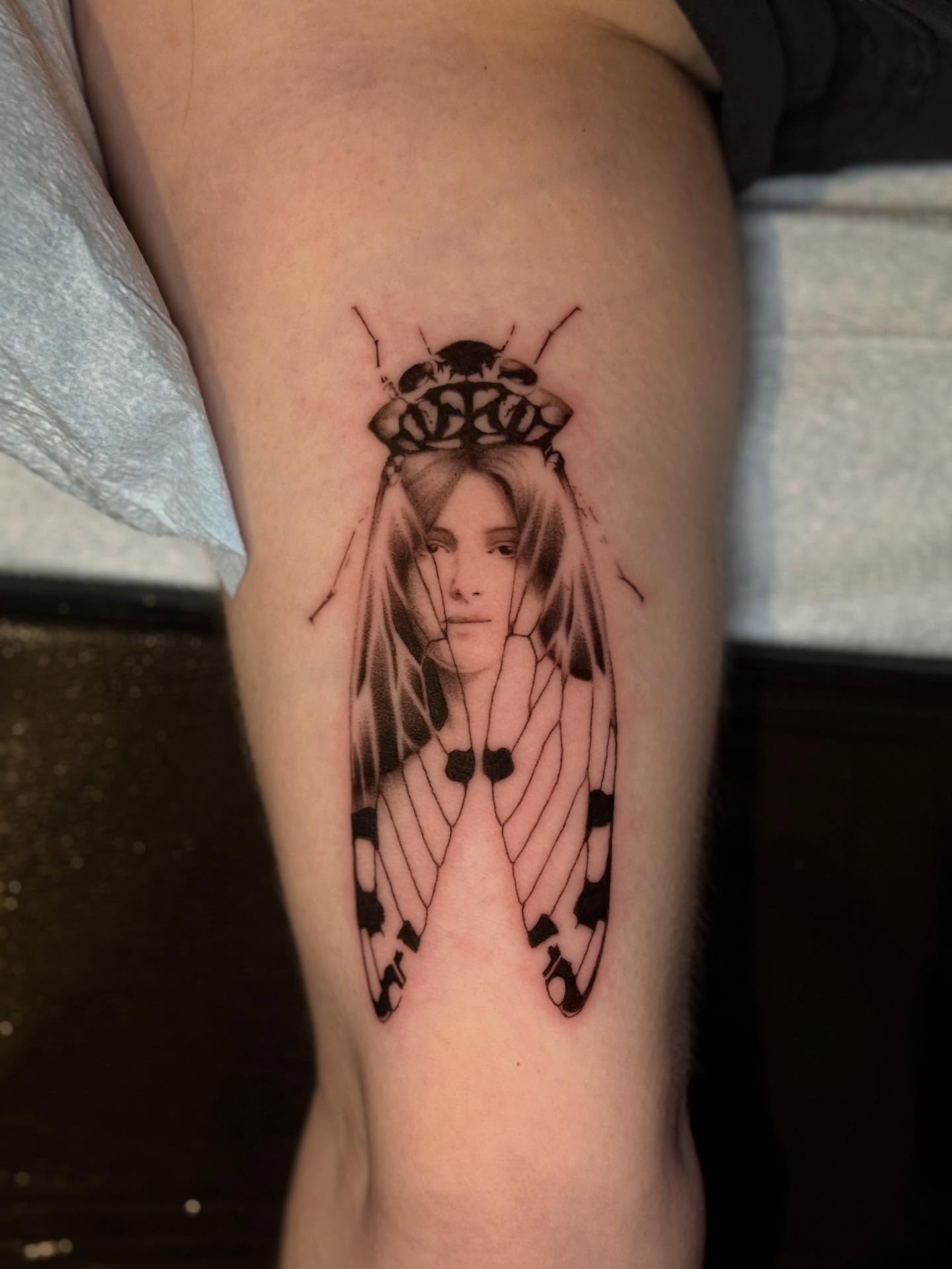 Cicada dotwork tattoo on the forearm by Hayley Jude