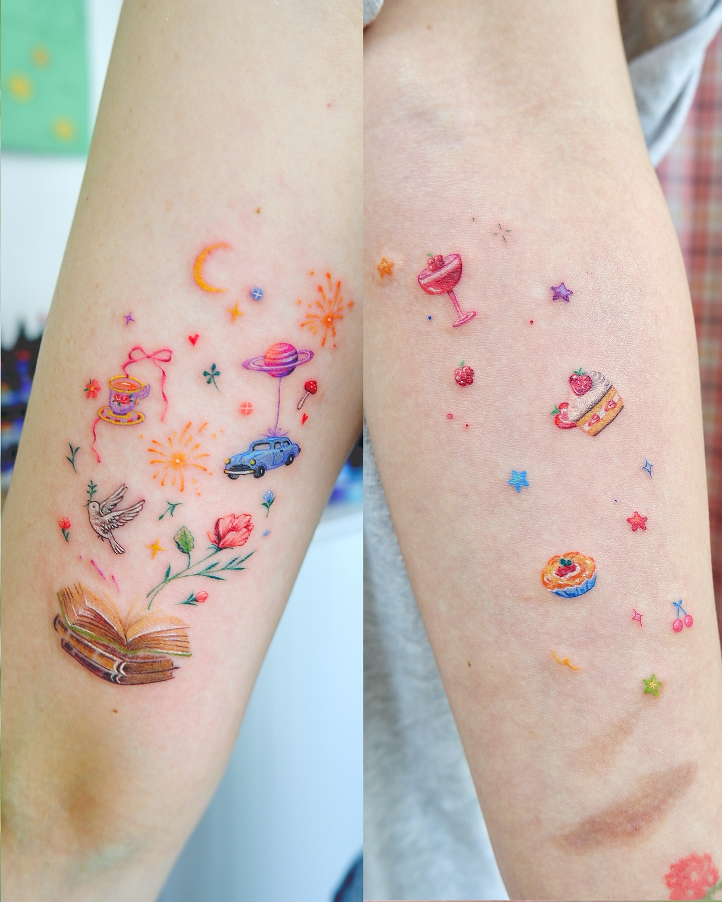 Space-themed illustrations watercolor tattoo on the forearm by 타투 Seon 컬러타투