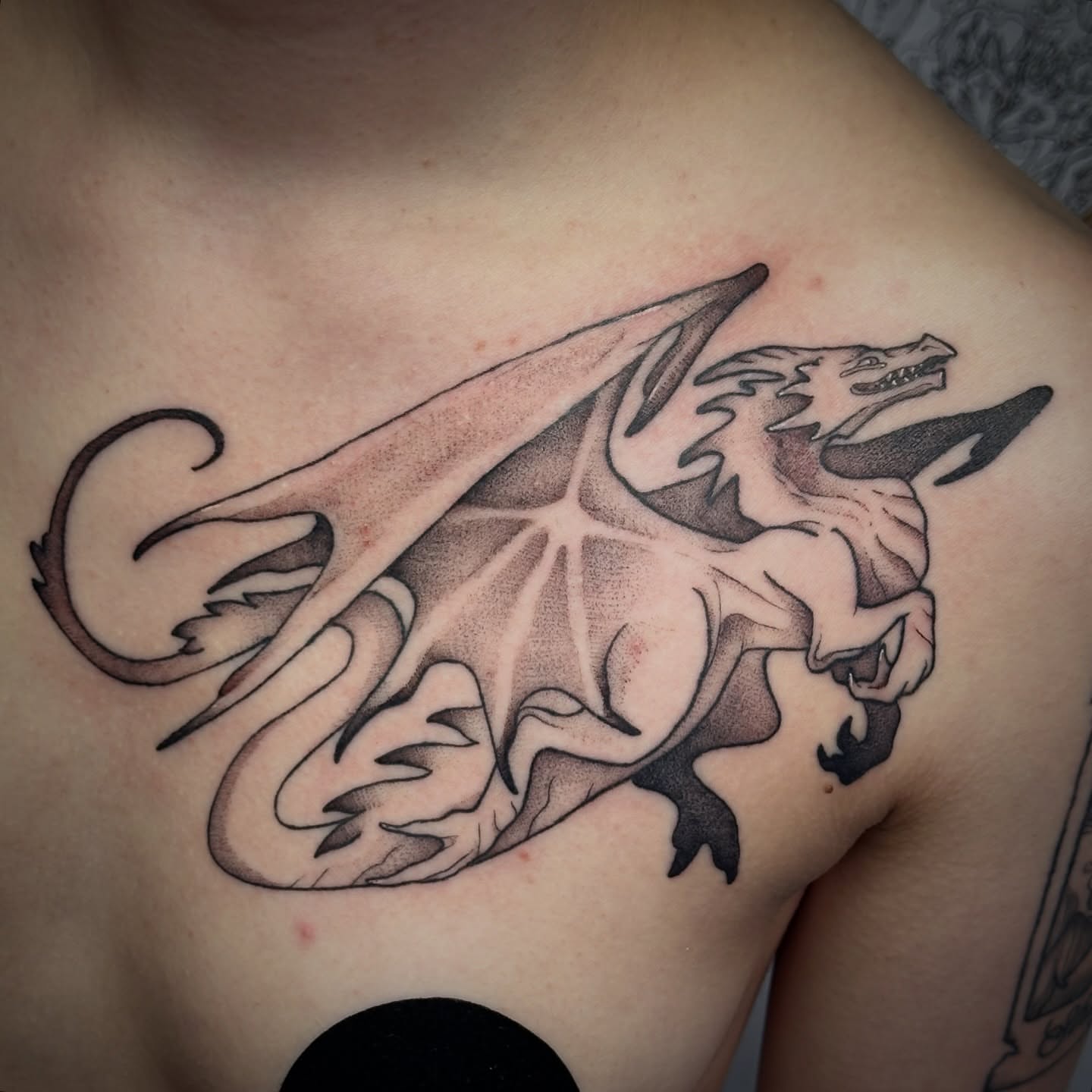Dragon black and grey tattoo on the chest by TATTOOLIZARD (James)