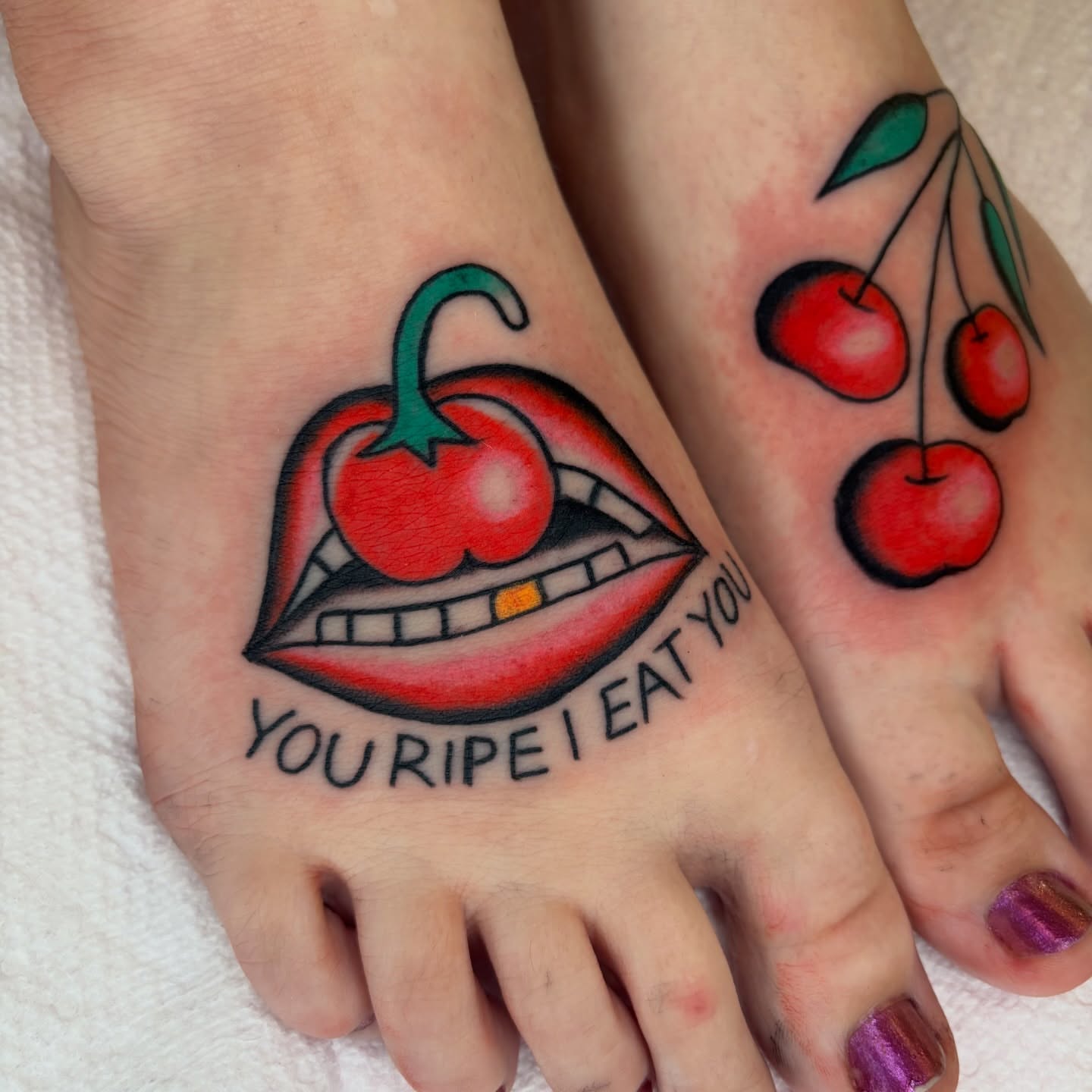 Cherry and lips American traditional tattoo on the foot by rachael