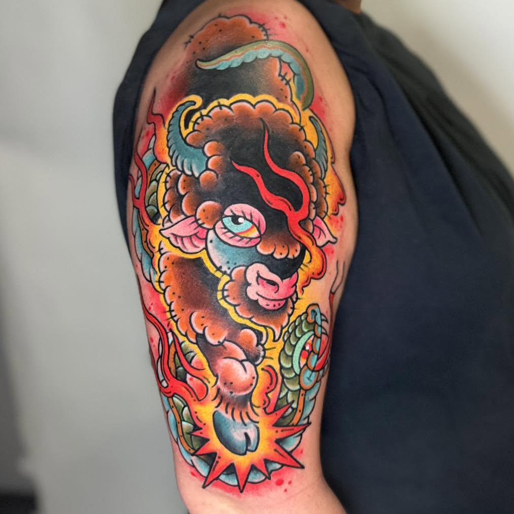 Bull American traditional tattoo on the shoulder by Tattoos by Aeron Herald Maurbjorn, Sioux
