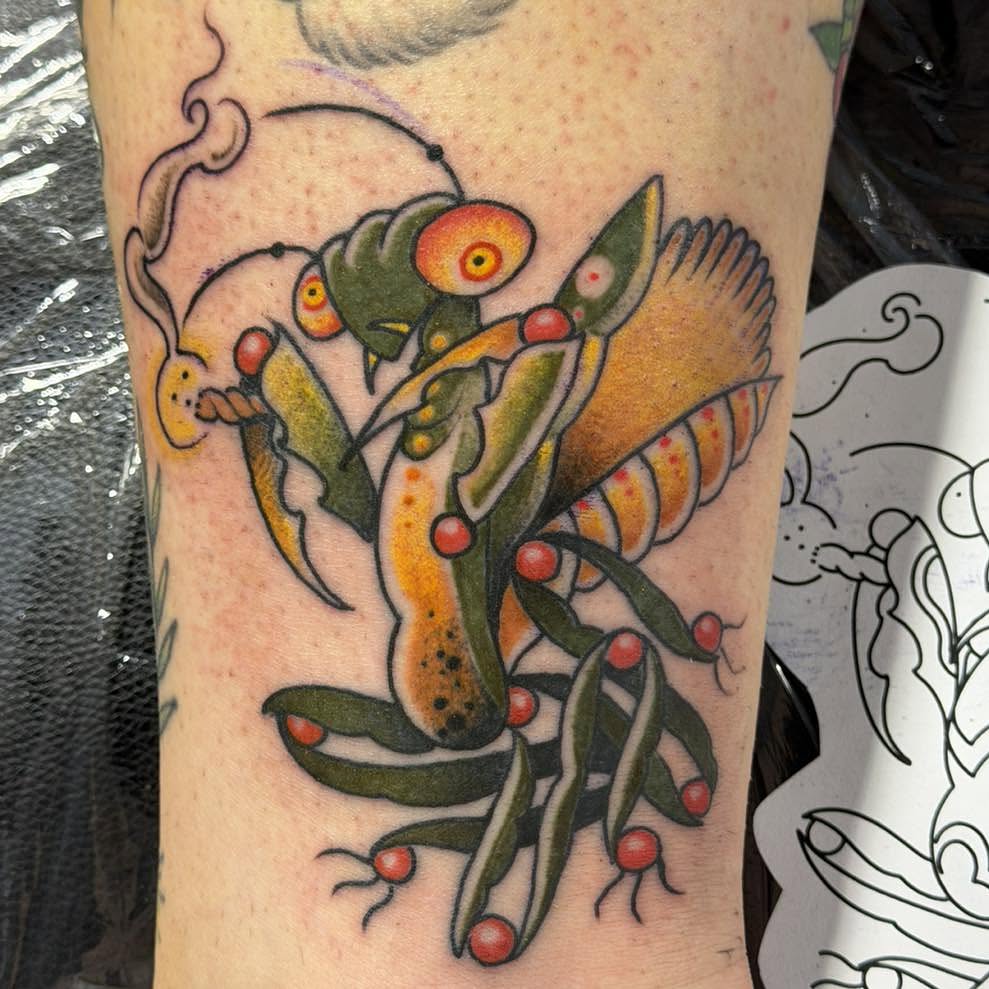 Insect American traditional tattoo on the forearm by Tattoos by Aeron Herald Maurbjorn, Sioux