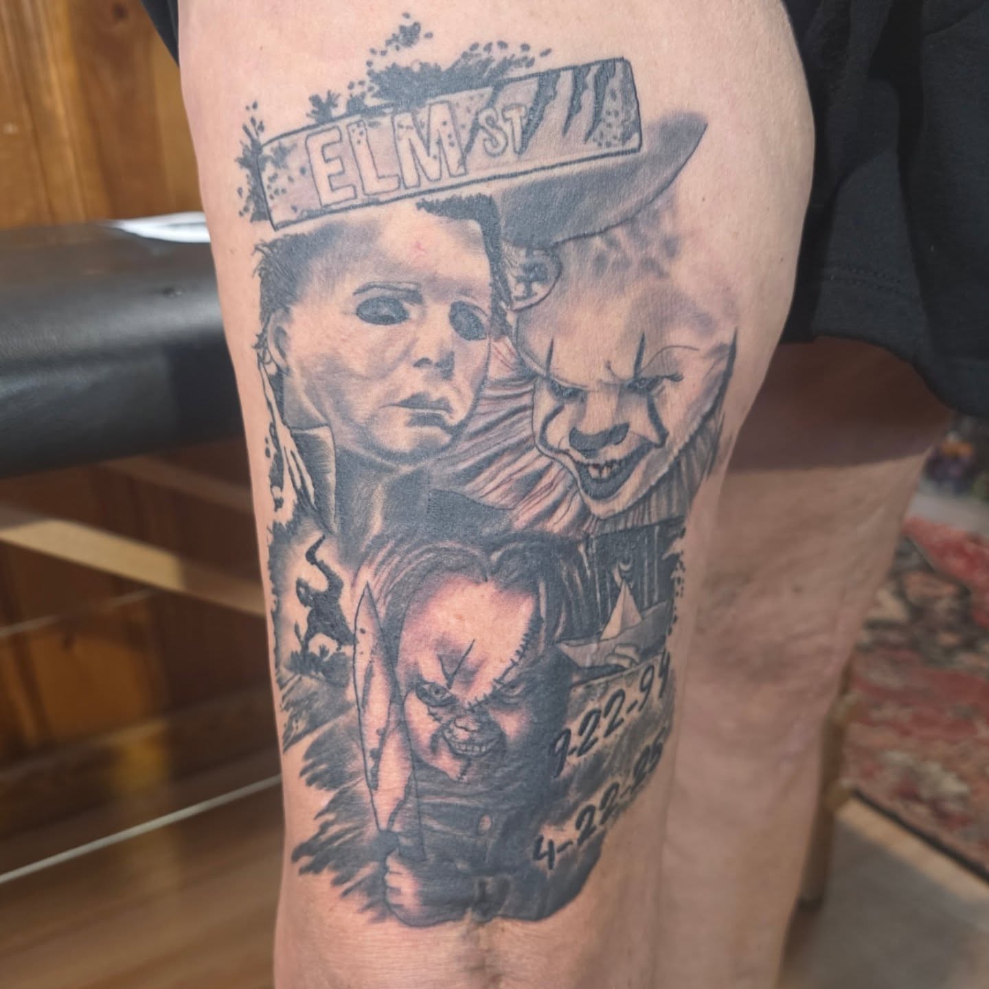 Horror movie characters realism tattoo on the thigh by Rusty Williams