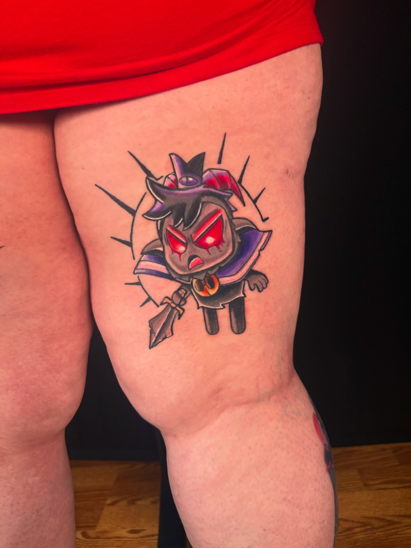 Orc character American traditional tattoo on the thigh by joshua sides