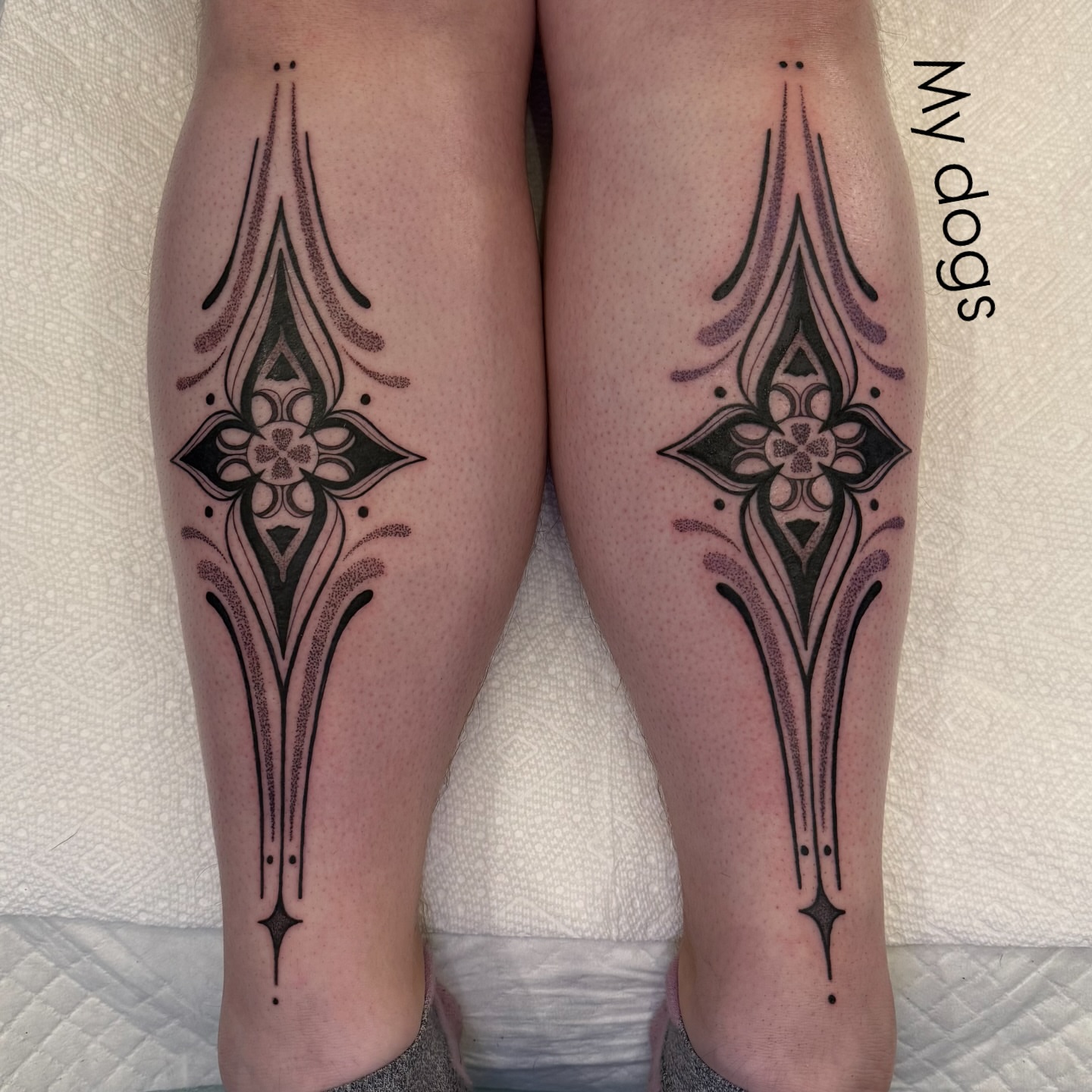 Geometric pattern dotwork tattoo on the calf by Sam Oakes