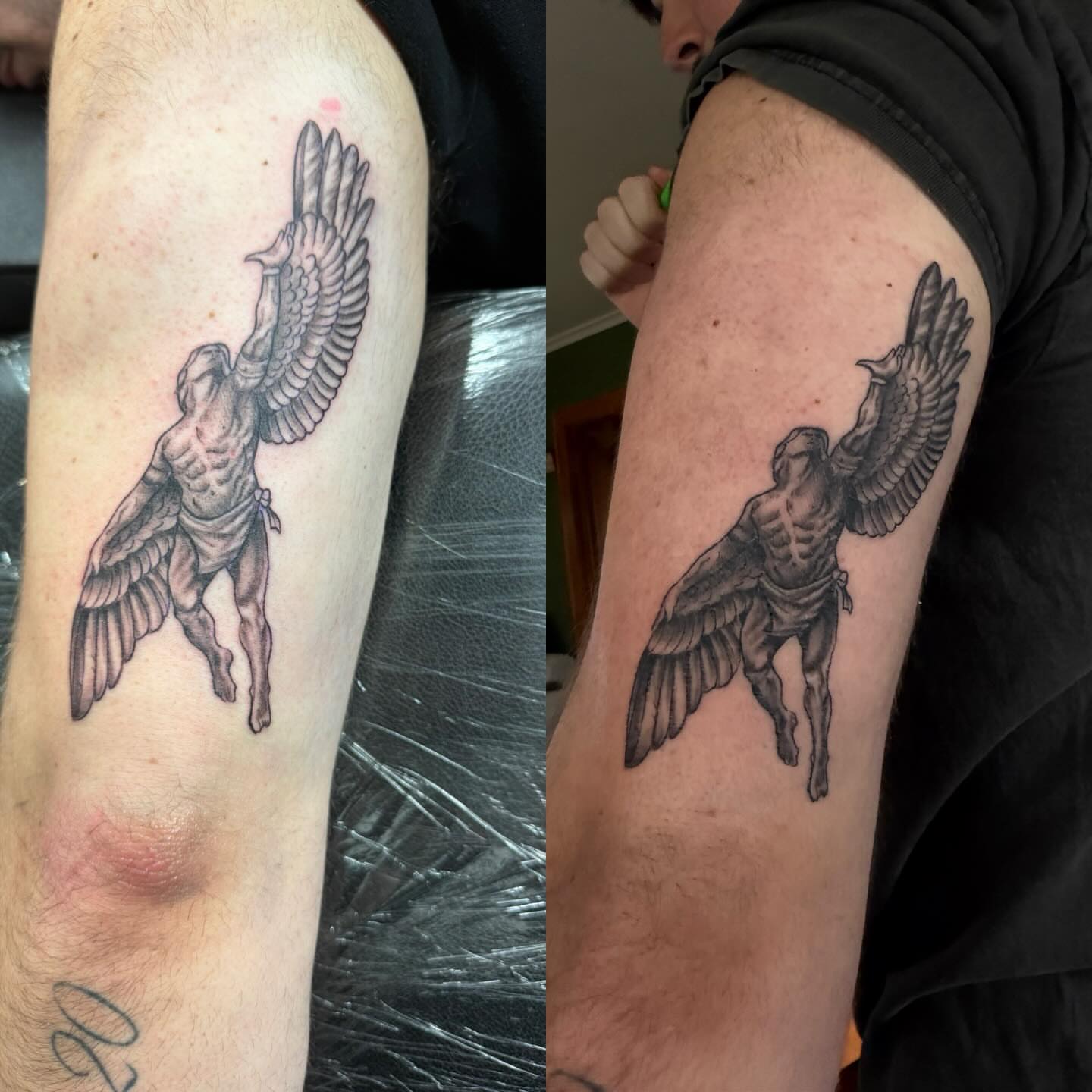 Winged angel black and grey tattoo on the forearm by Daniel Smith