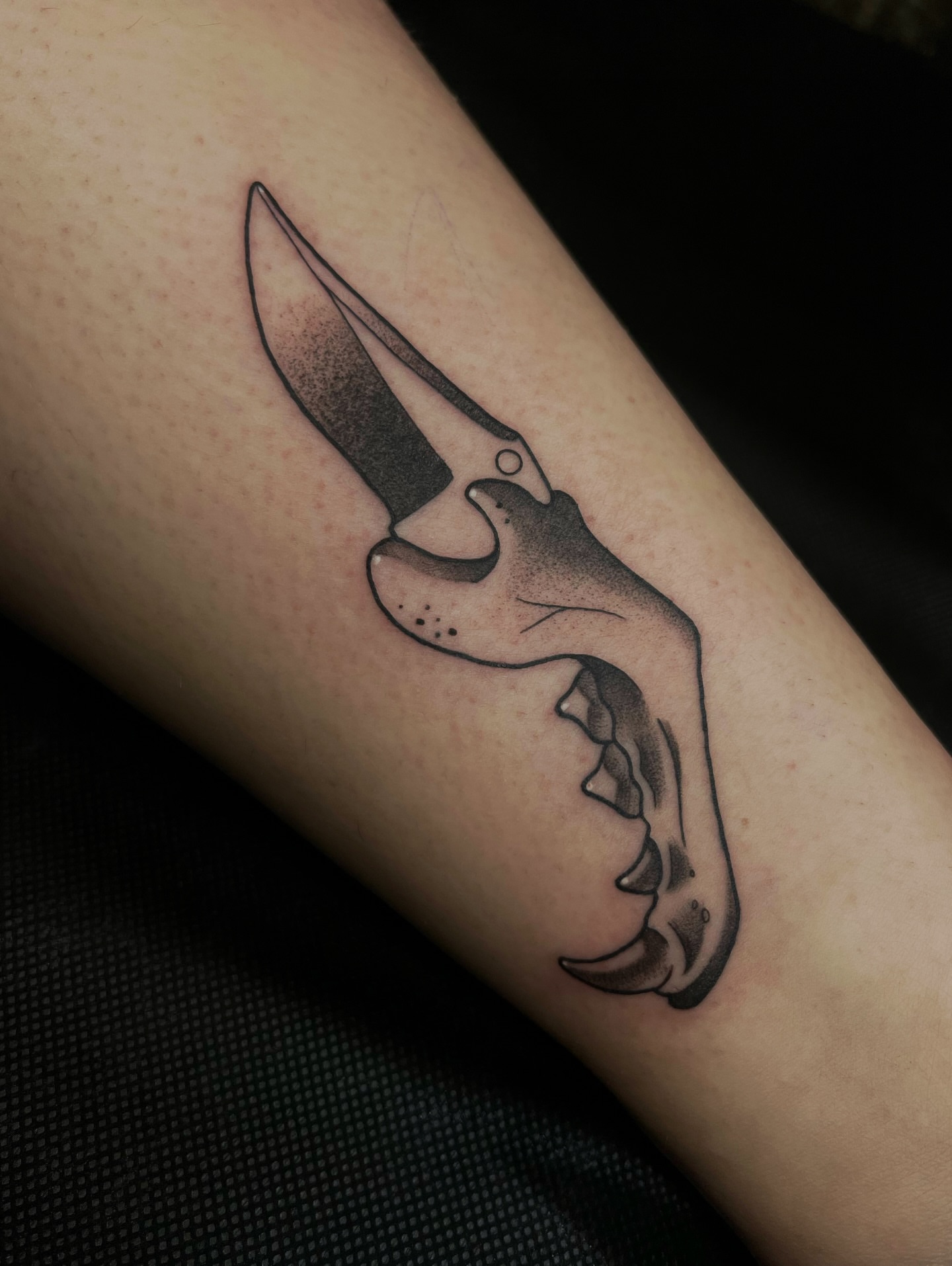 Knife and skull dotwork tattoo on the forearm by zoey sage ✦