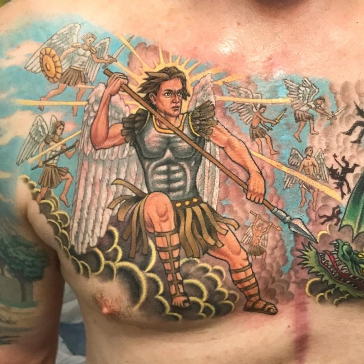 Angelic warrior American traditional tattoo on the chest by Miles Maniaci, Chicago, Illinois