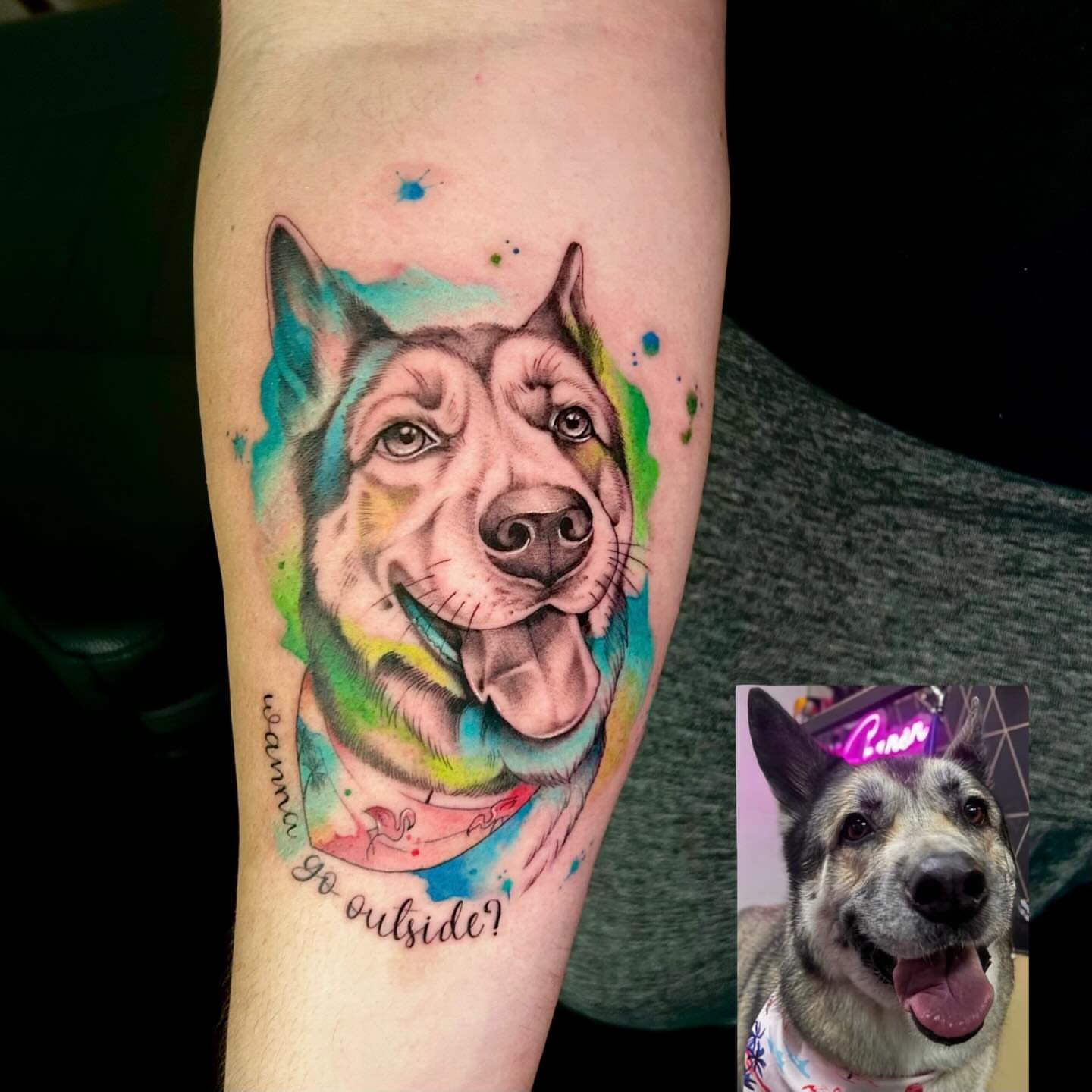 Dog watercolor tattoo on the forearm by Jonny Tattoo PHX AZ