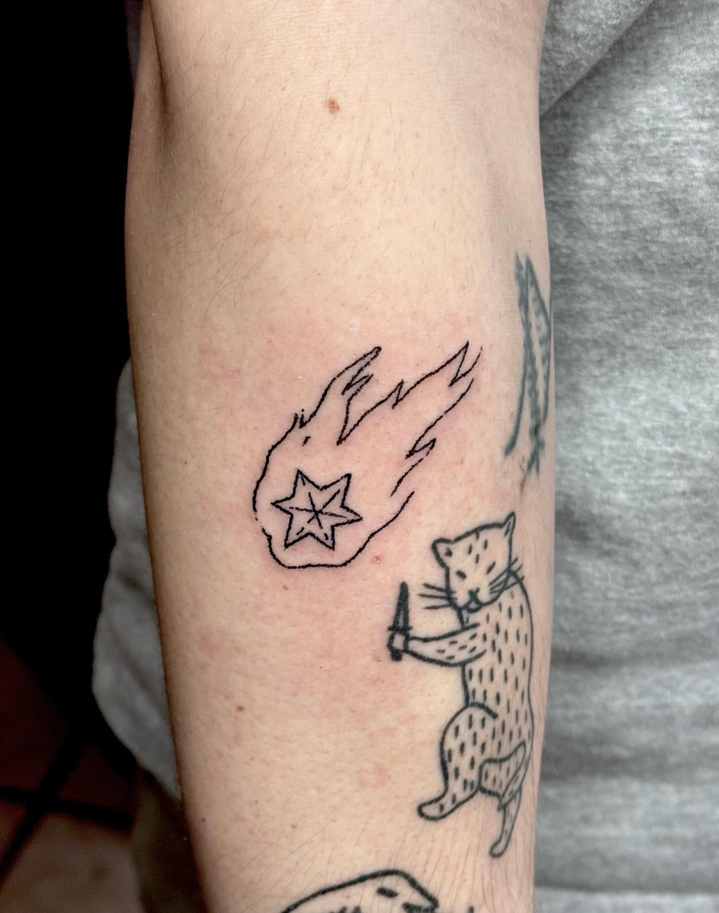 Cat and shooting star black and grey tattoo on the forearm by πΏππΌππ πππππππ