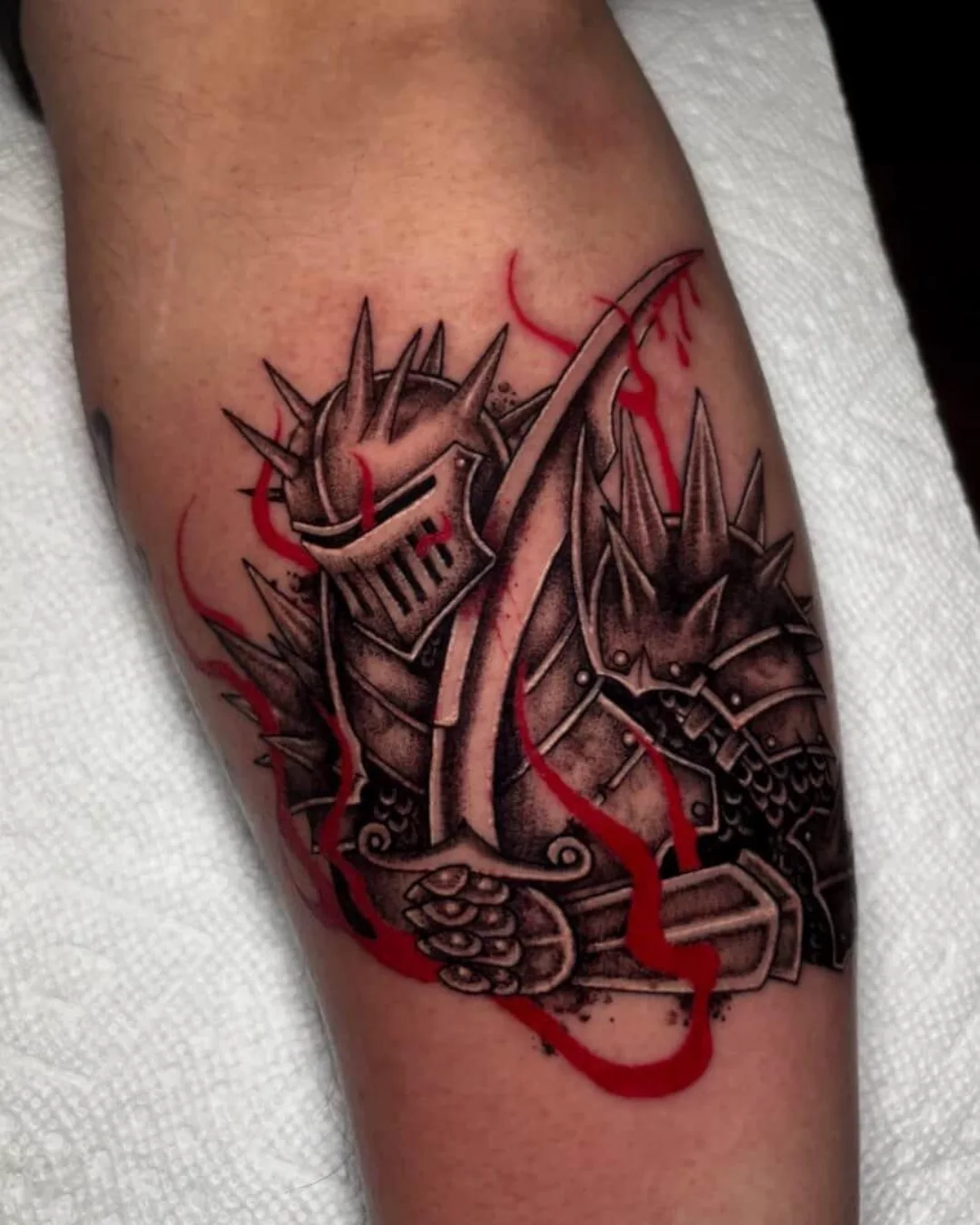 Knight armor realism tattoo on the forearm by Sal