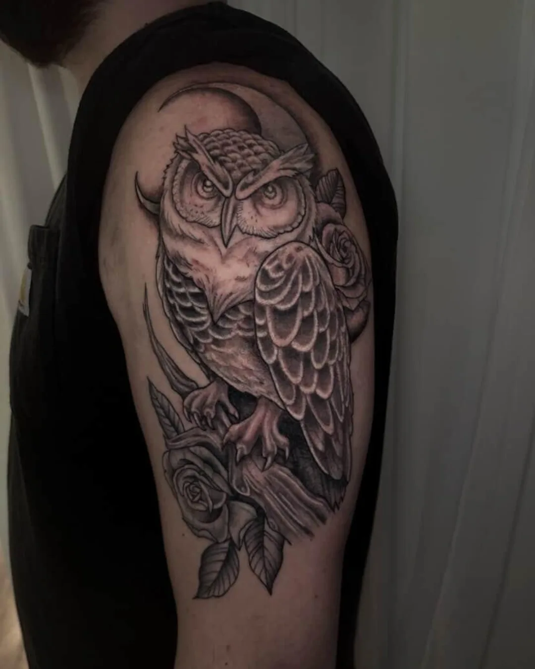 Owl realism tattoo on the shoulder by Sal